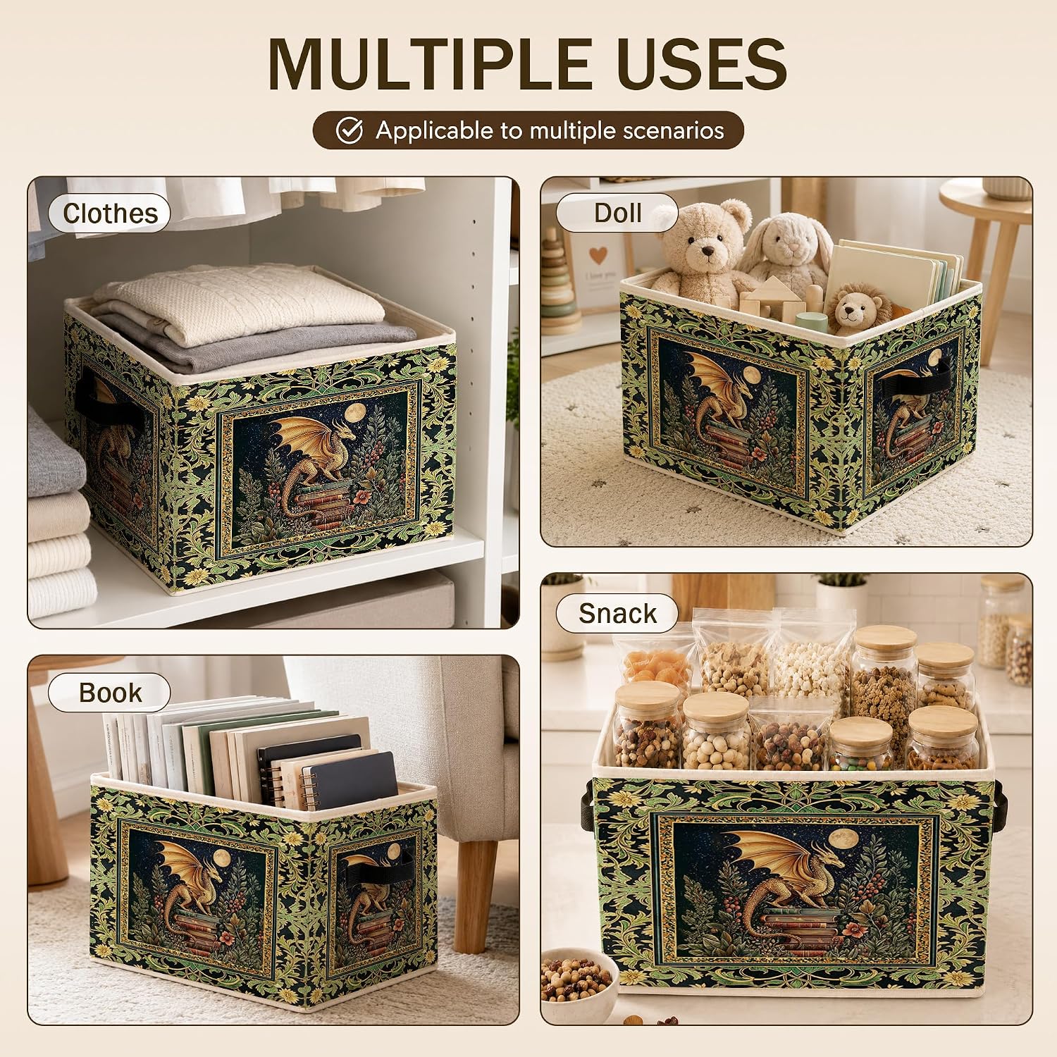 Fantasy Moonlit Dragon Book Storage Bin Box with Handles