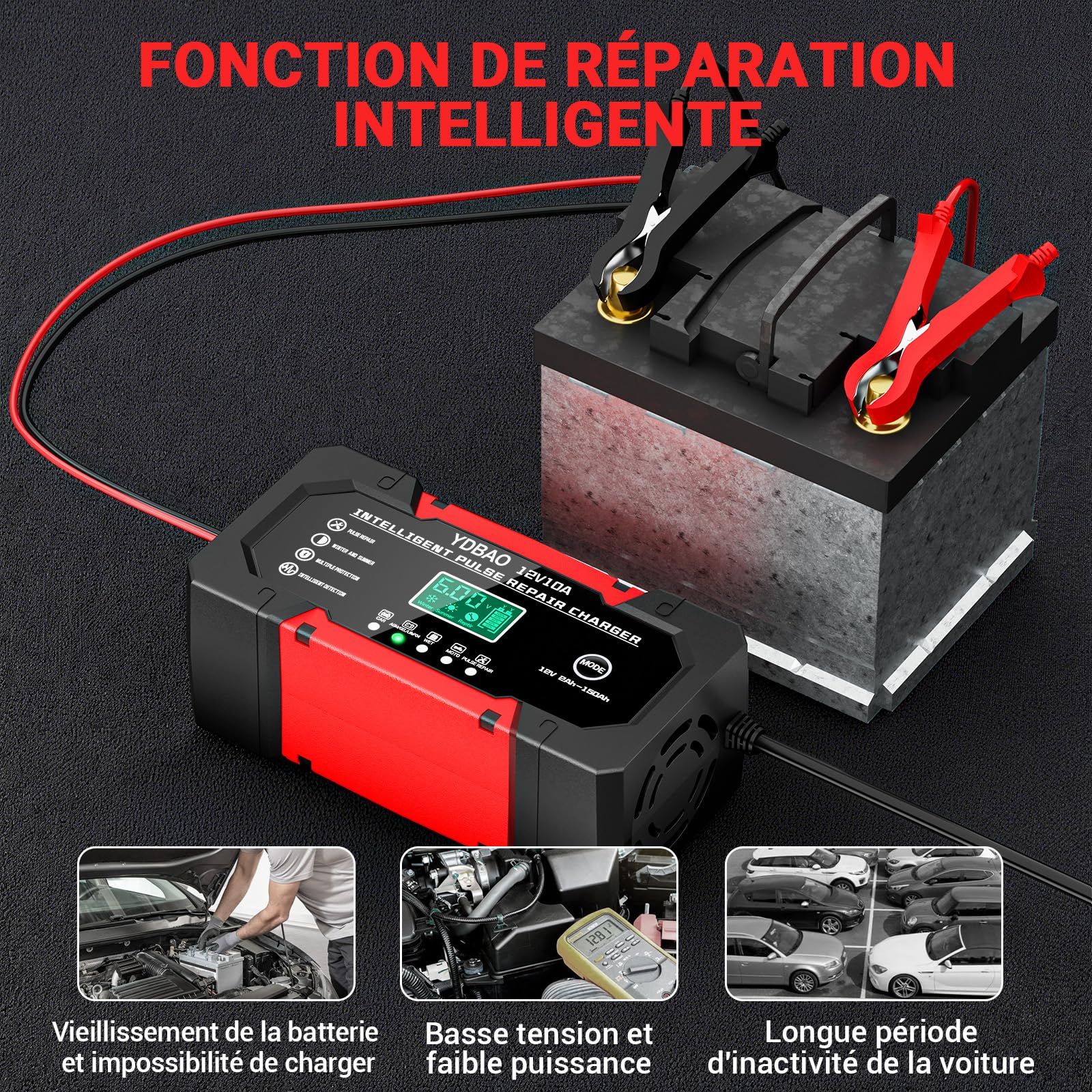 YDBAO Chargeur de Batterie Voiture 12V 10A LiFePO4 Chargeur Batterie Auto Intelligent avec Mode Réparation pour AGM Gel Wet LiFePO4 Auto Voiture Moto Camion