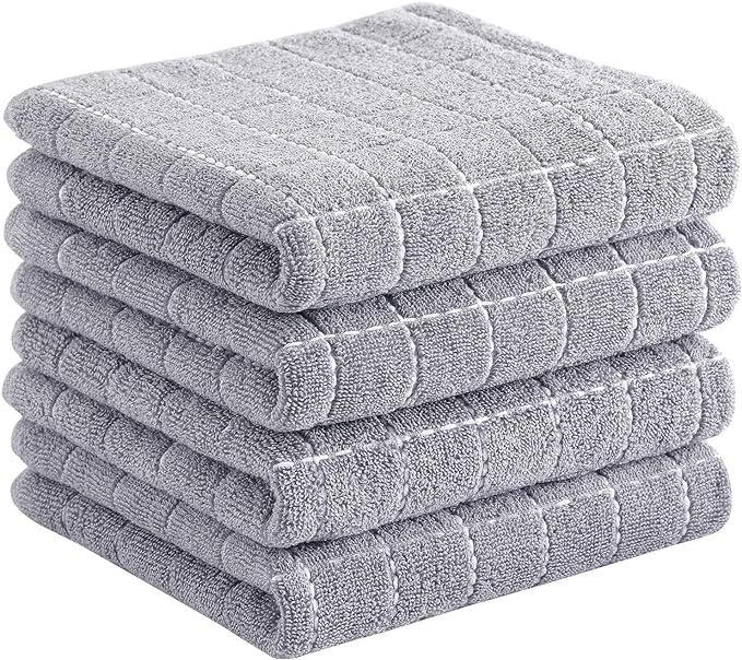 Homaxy 100% Cotton Terry Kitchen Towels(Grey, 13 x 28 inches), Checkered Designed, Soft and Super Absorbent Dish Towels, 4 Pack
