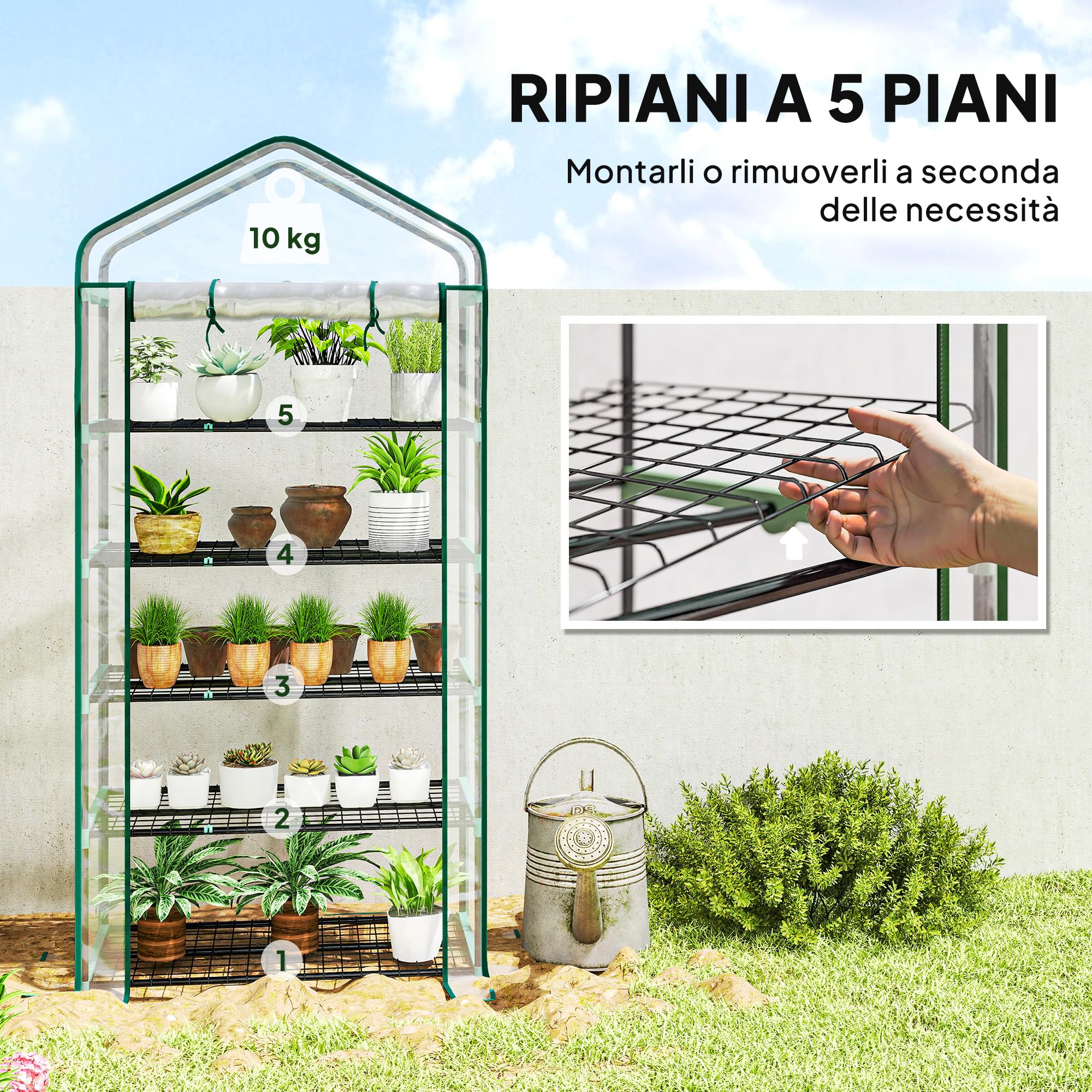 Outsunny Serra da Balcone a 5 Livelli con Ingresso Avvolgibile, Serra per Orto con Struttura in Acciaio e Copertura PVC, per Piante Orto Verdure Fiori Frutta, 90x49x193 cm, Trasparente