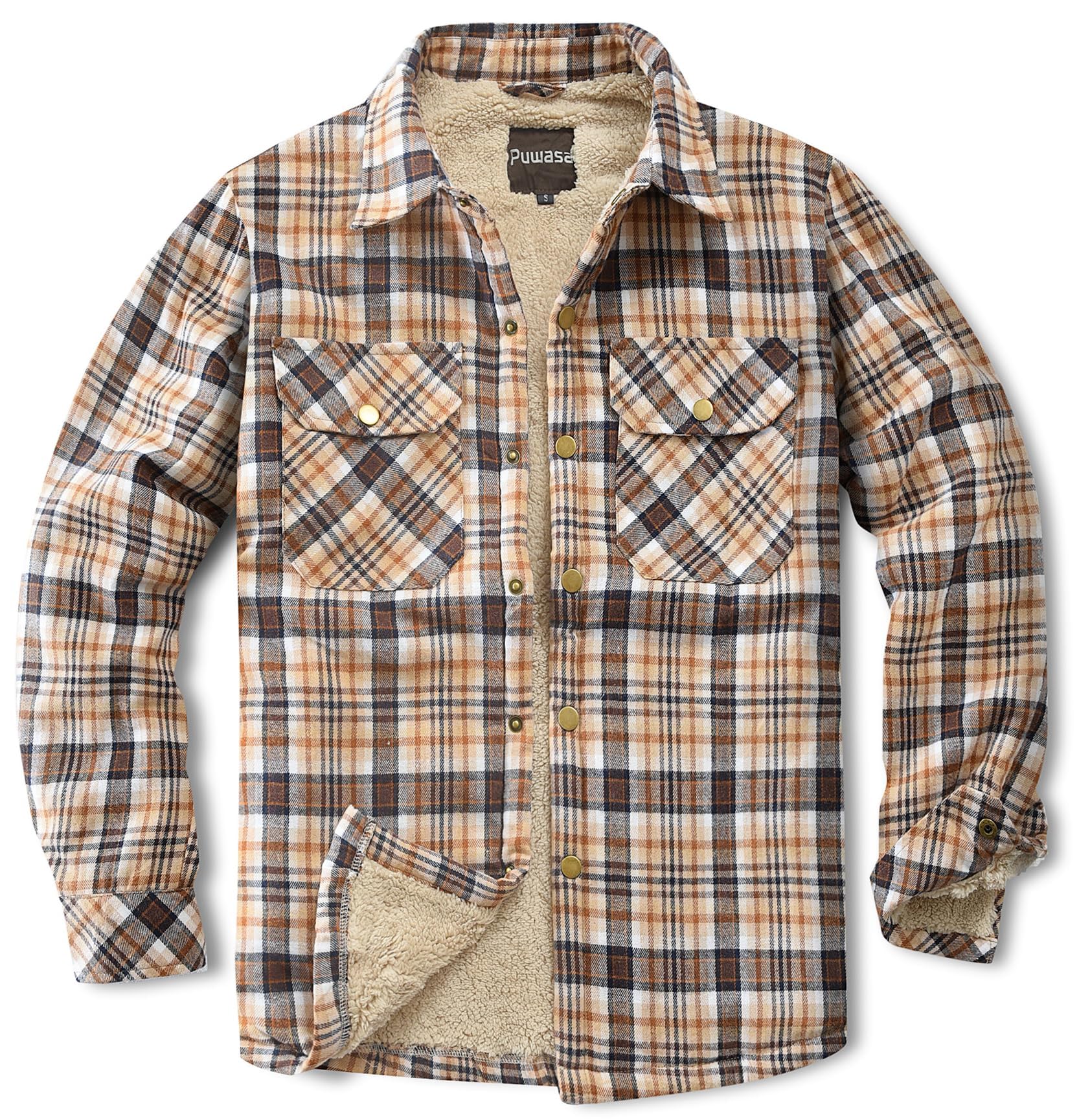 Men's Sherpa Cotton Flannel Shirt Jacket Plaid Button Coat Pocket