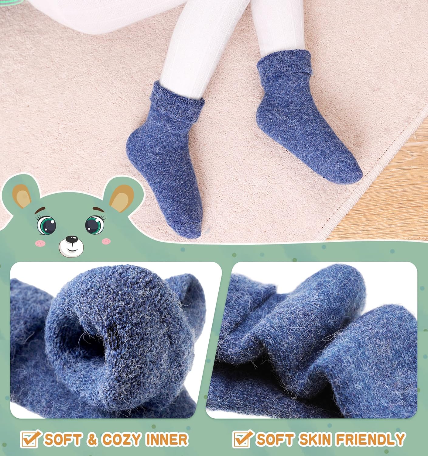 Eocom 6 Pairs Baby Boys Girls Wool Socks Infant Toddlers Kids Unisex Winter Thick Soft Warm Thermal Crew Socks - Image 3