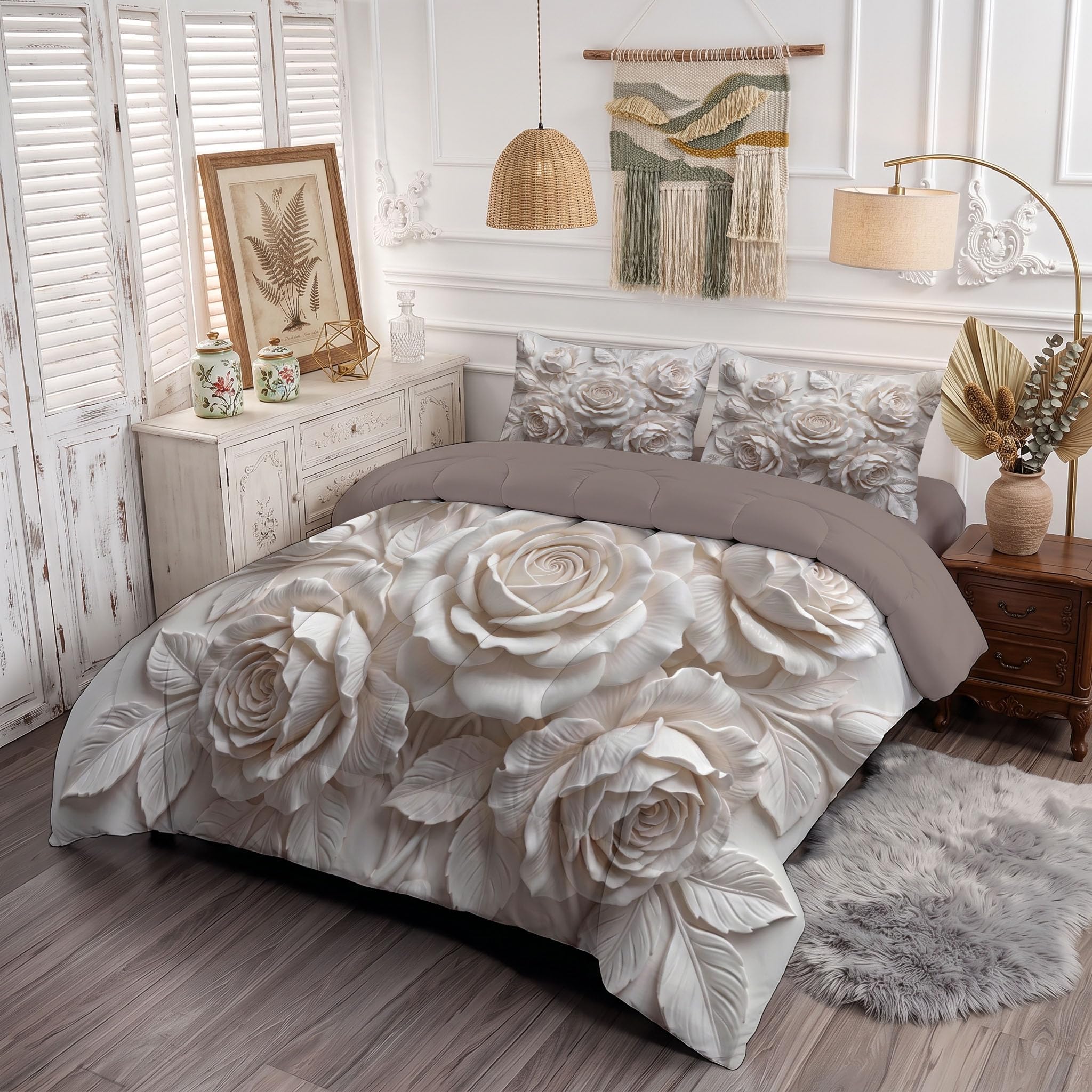 Piumone 2-In-1 Letto Singolo 140X200 Cm Rilievo Tridimensionale Di Una Rosa Elegante | Trapunta E Piumino Reversibile 4 Stagioni, Arte Botanica Nordica, Copriletto Lavabile Morbido Leggero, Beige