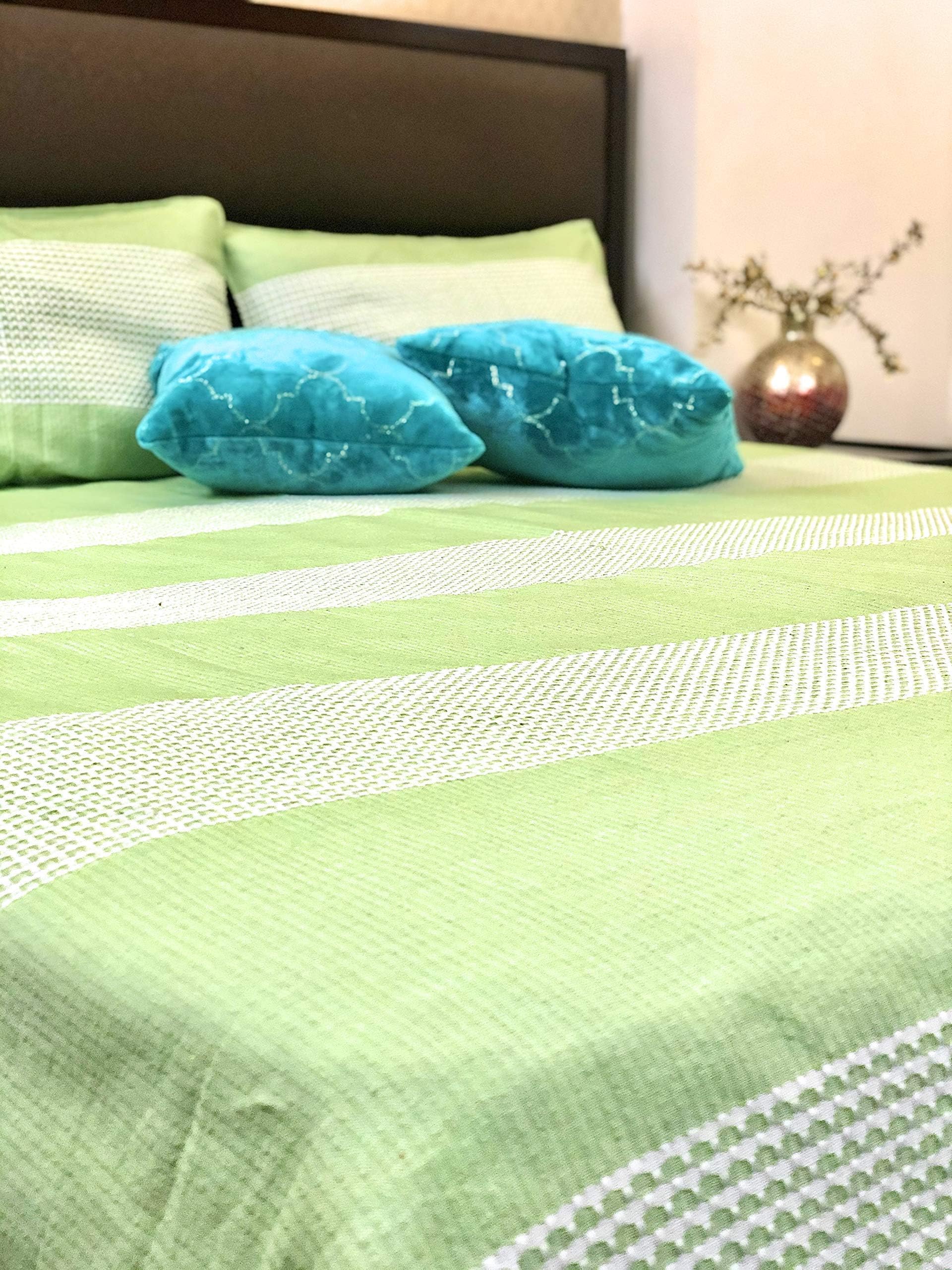 RANGBHAR Cotton Stripes Double Bedsheet with 2 Pillow Covers, Organic Handloom Woven Double Bedsheet, Green and White - Rajwada Collection