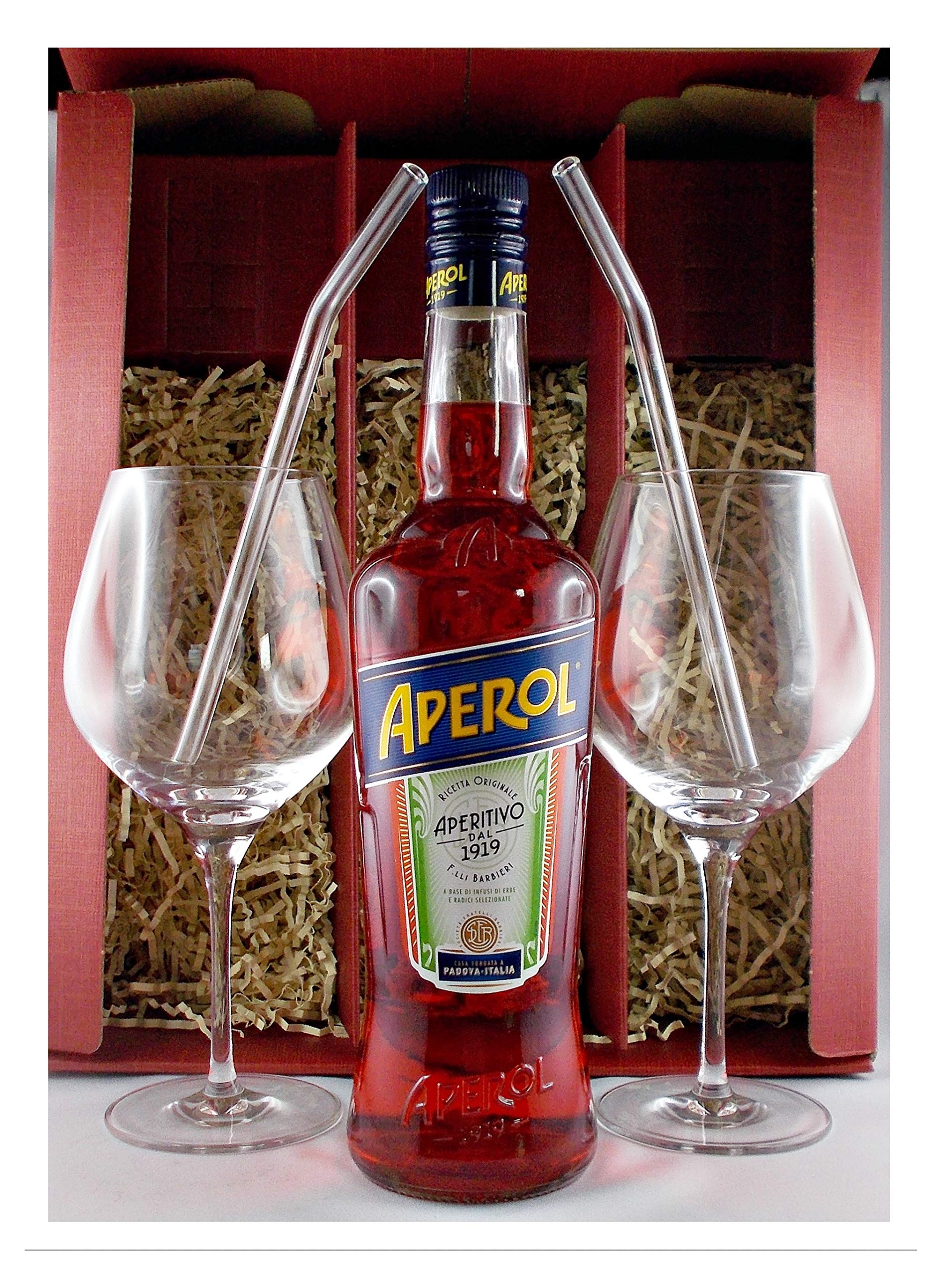 Geschenk Aperol Aperitif + 2 Glas-Trinkhalme (gebogen) + 2 Weingläser