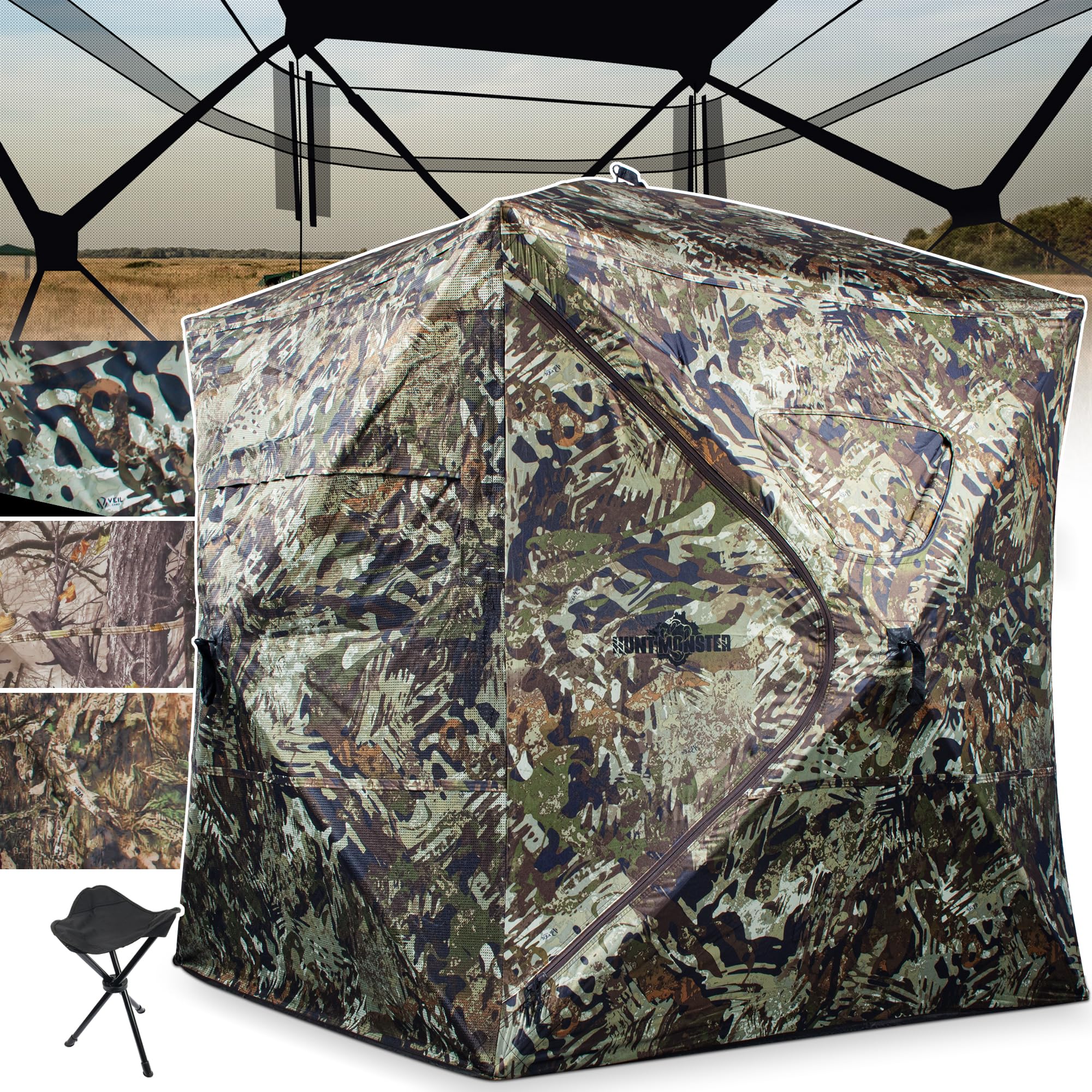 Hunting Blind 1-3 Person with Portable Hunting Chair, 270 Degree See Through Pop up Ground Blinds for Deer Turkey Duck Hunting, Bow Hunting Adjust Windows with Silent Zipper