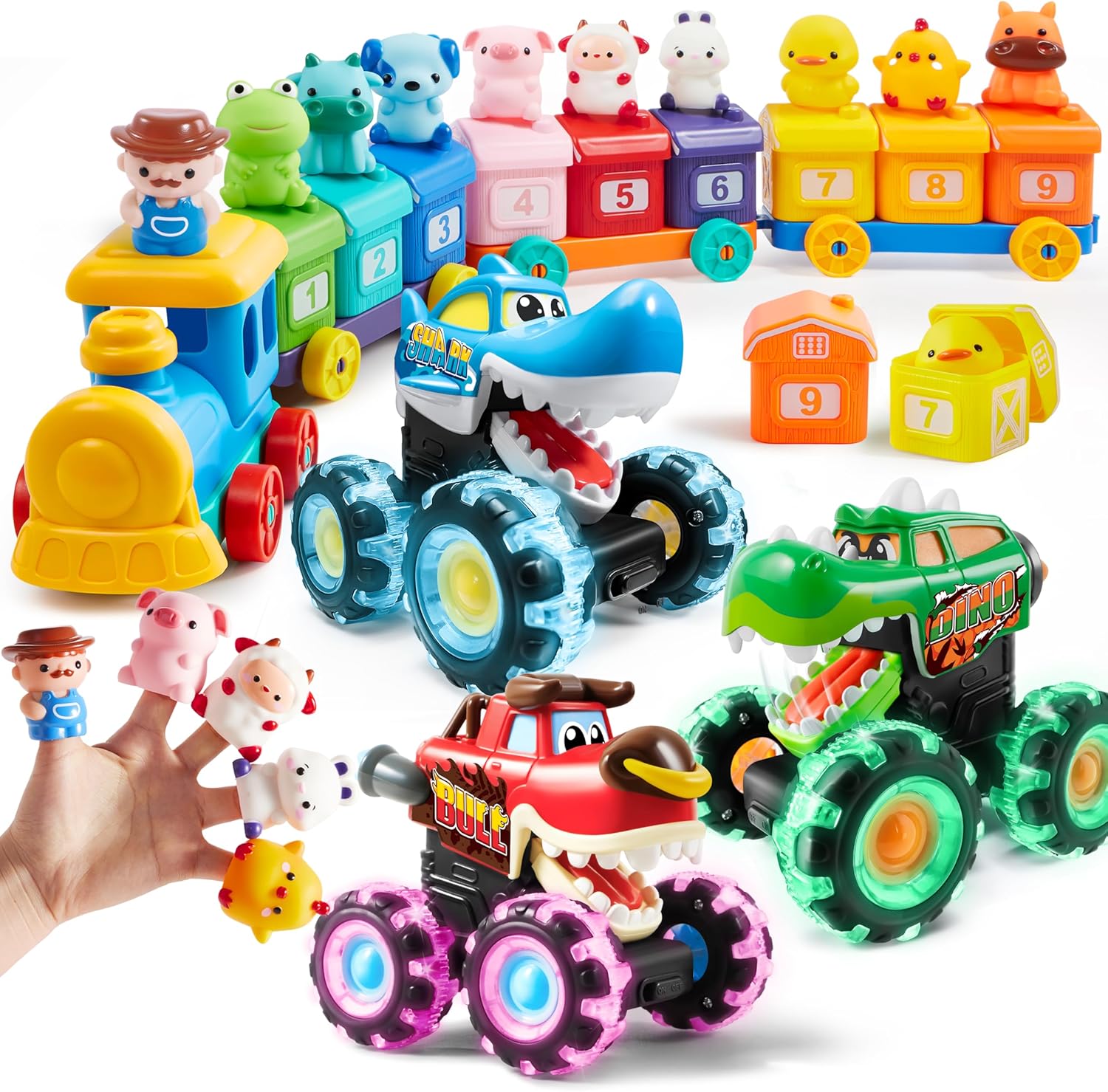 Matching & Sorting Montessori Learning Farm Train Including 9 Farm Animals and 1 Farmer - 3 Pack Monster Truck Toy - Motion Activated Light-Up Cars for Toddlers, Toddler Toy for Age 1 2 3 Years Old