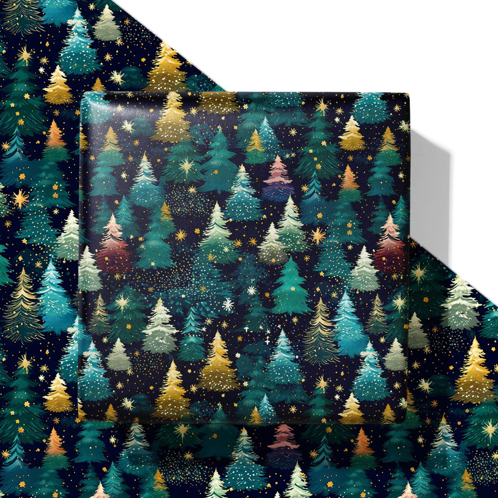SaringSwoon Papel de regalo de árbol de Navidad para niños y adultos, papel de regalo de Navidad con cielo nocturno estrellado, diseños de árboles de Navidad y estrellas para vacaciones de invierno,