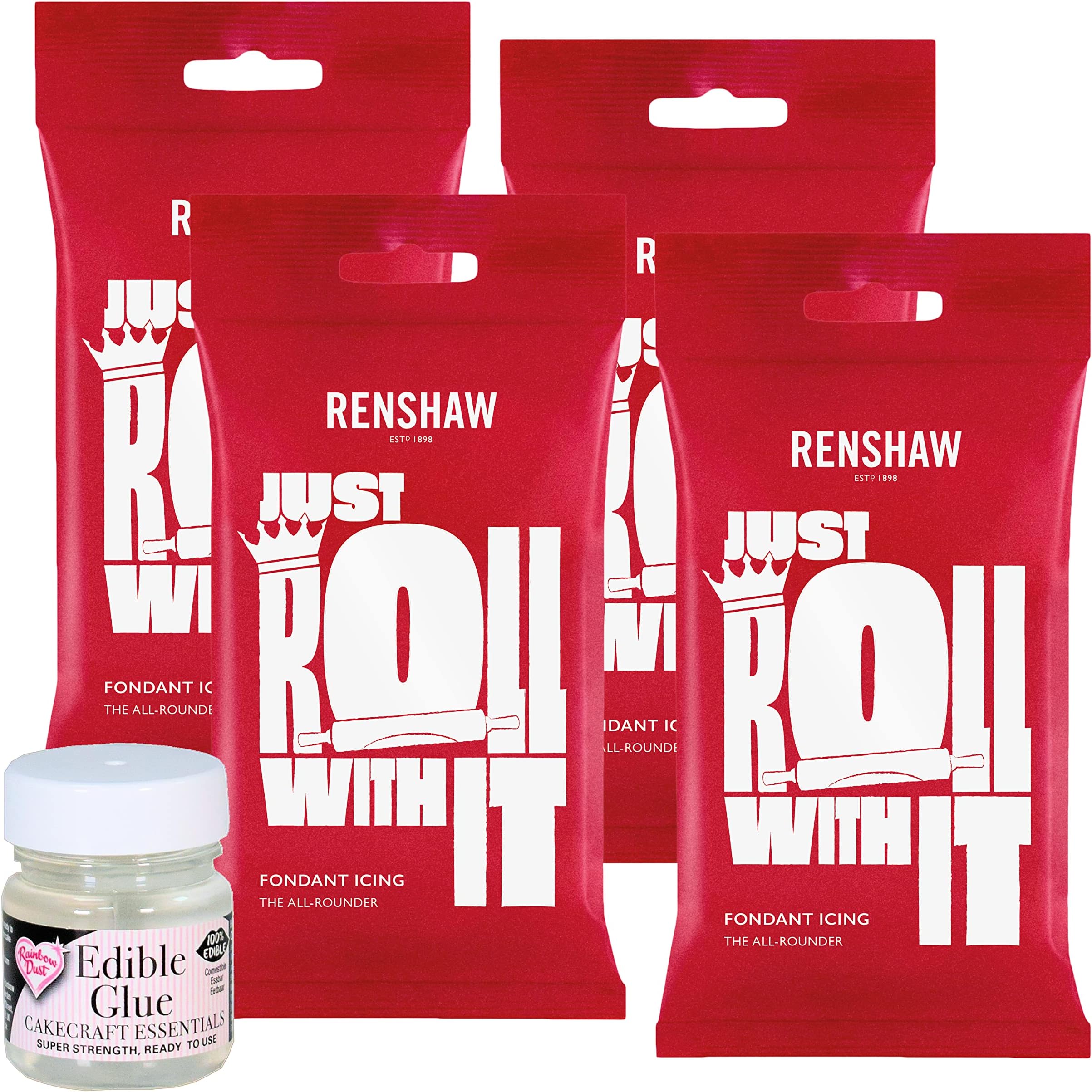 Renshaw White Ready to Roll Fondant Icing 1kg (4X 250g) and Rainbow Dust Edible Glue 25g
