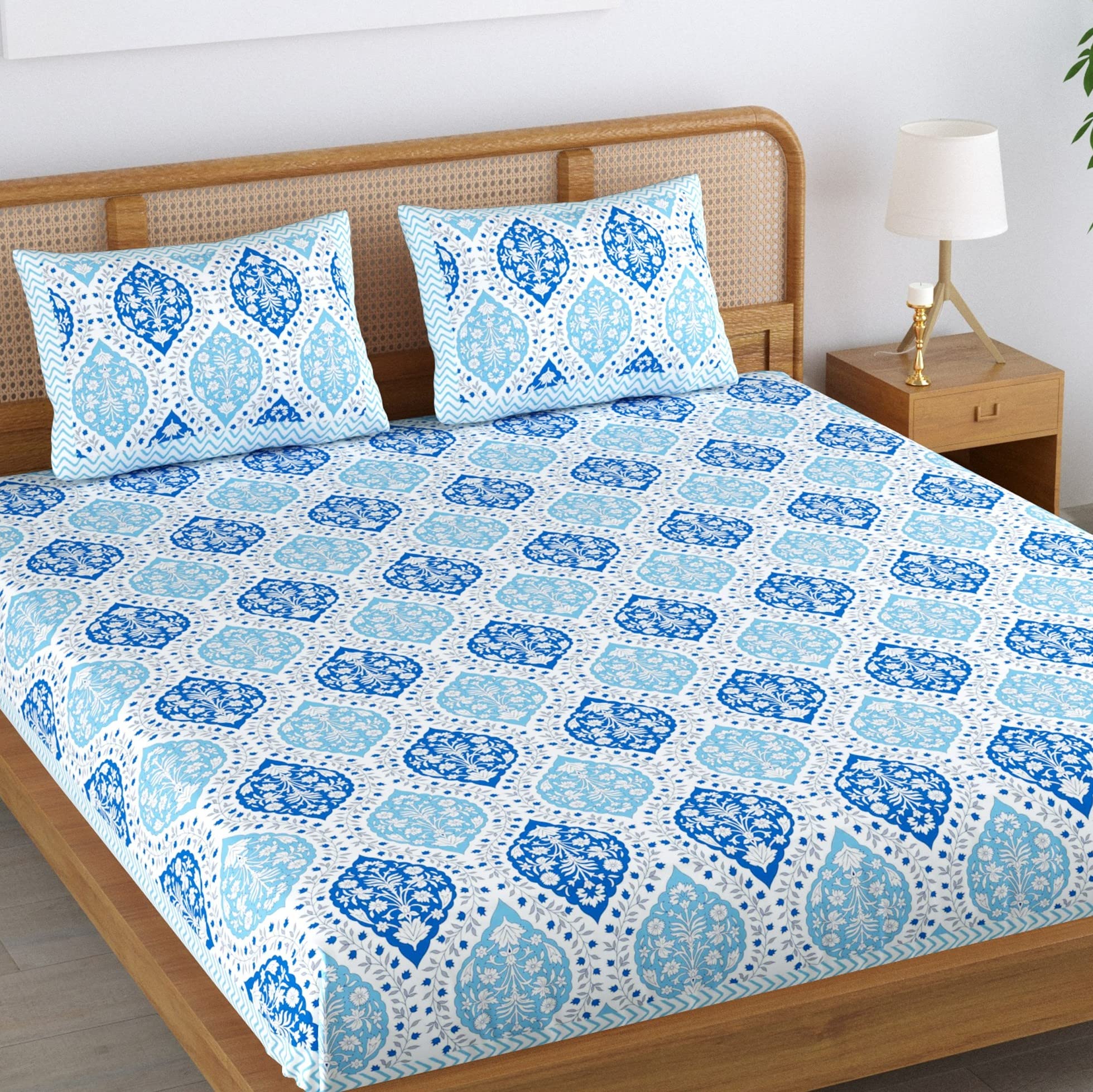 Colorish 120 TC Cotton Blend Floral Motif Printed Jaipuri Bedsheet for Double Bed King Size with 2 Pillow Covers, Sky Blue (B0BH4ZDTDL) Amazon Price History, Amazon Price Tracker