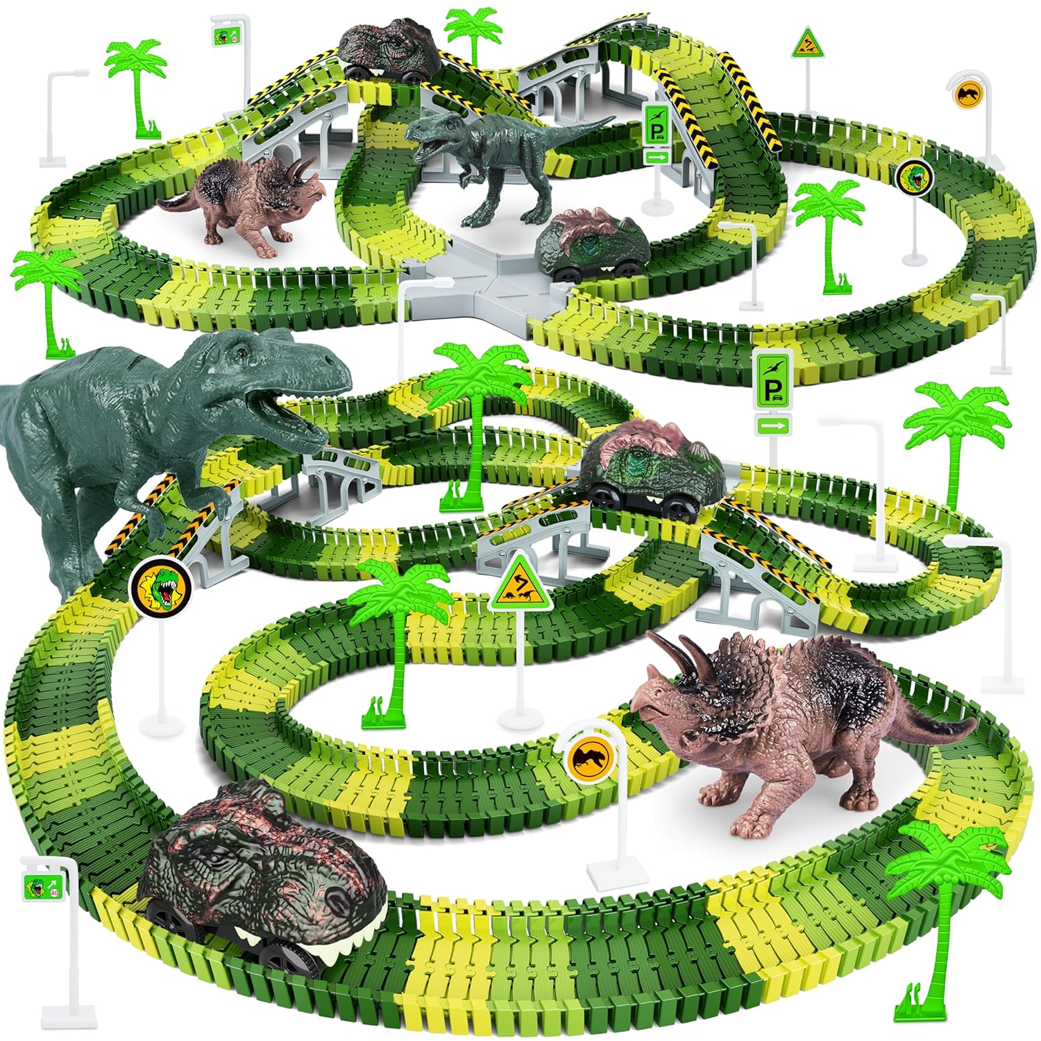 Dinosaur Toys Create A Dinosaur World Road Race Flexible Track Playset and 2 pcs Cool Dinosaur car for