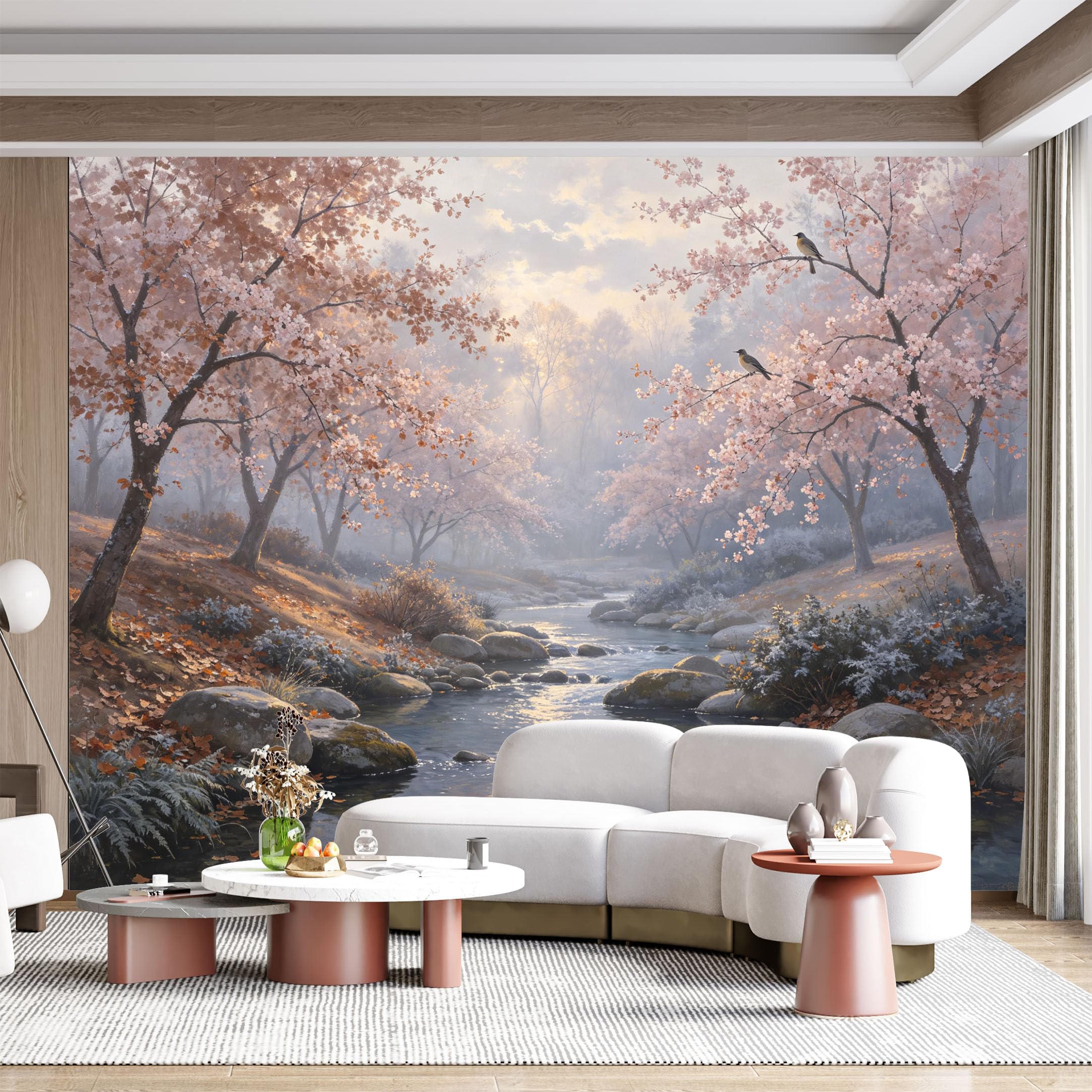 Custom Size Wall Mural Blossom Creek Spring Landscape Watercolor Effect SelfAdhesive Wall Fabric Removable for Home Office Decor