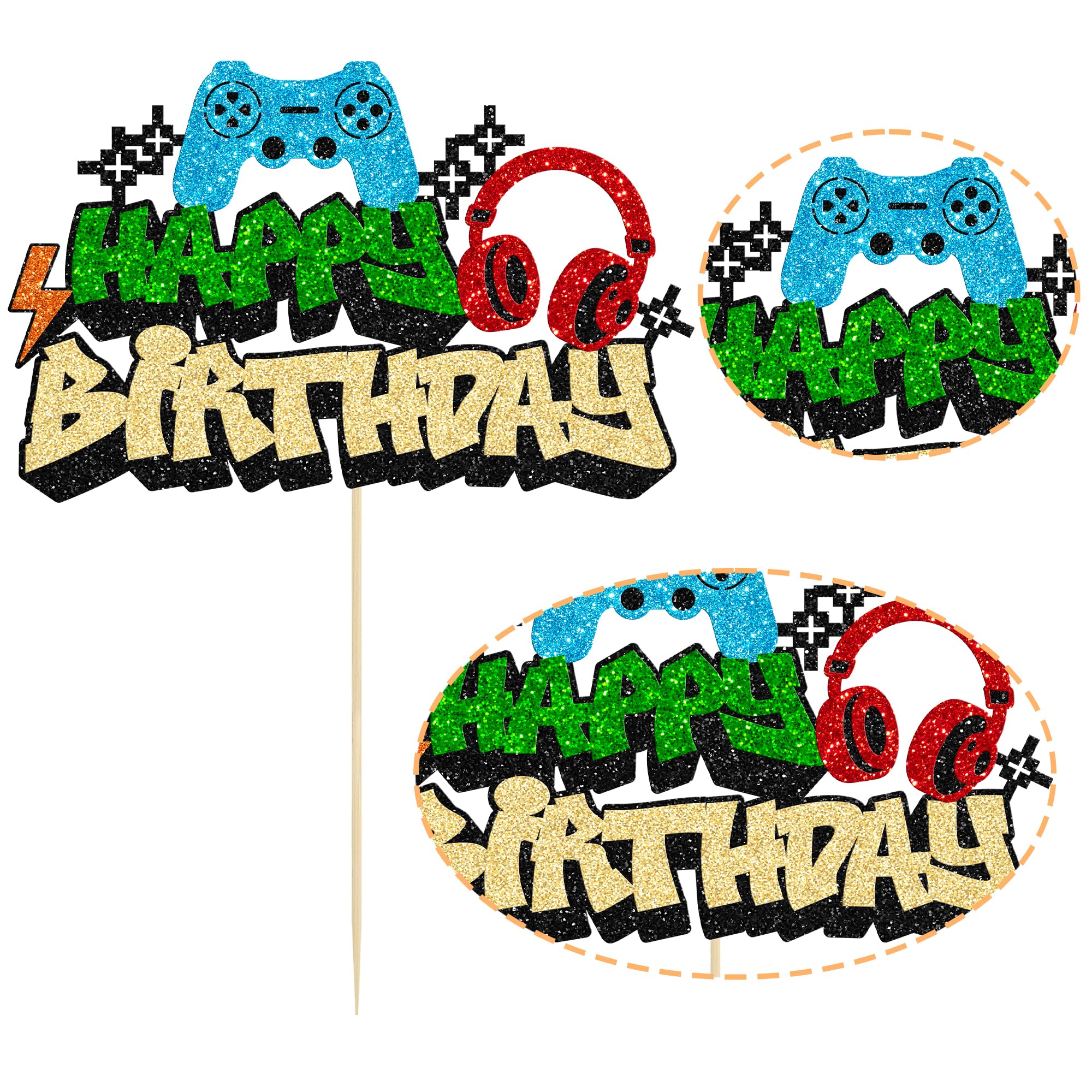 Gyufise 1Pcs Video Game Happy Birthday Cake Topper Glitter Video Game Cake Pick Game On Controllers GamePad Cake Decoration for Game Theme Baby Shower Kids Boys Girls Birthday Party Supplies 2