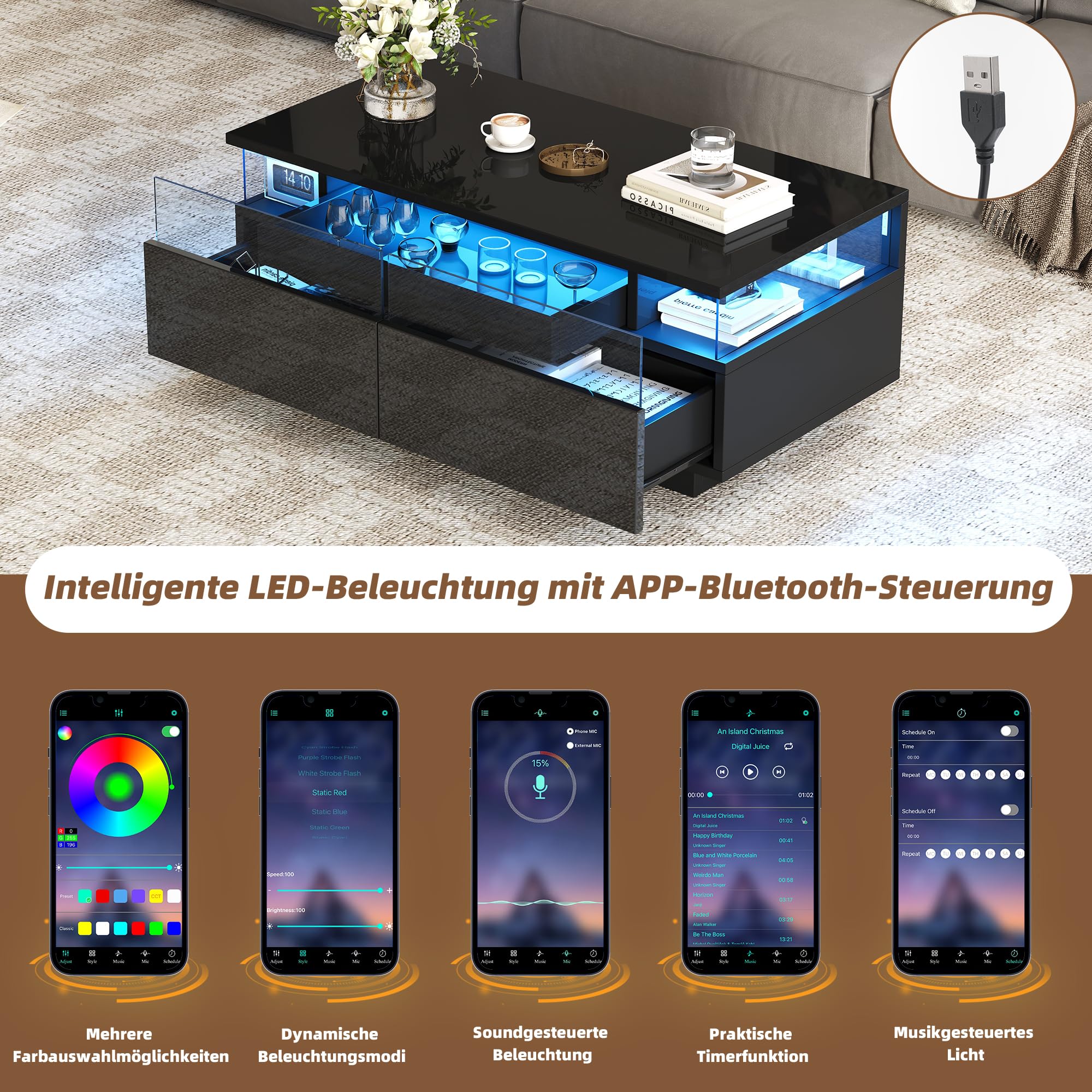 BTM Speicher-Couchtisch mit LED Licht und 2 Schubladen 90x45x35.5 cm Couchtisch fürs Wohnzimmer Hochglanz Sofatisch mit Tablett und gehärtetem Glas Schwarz