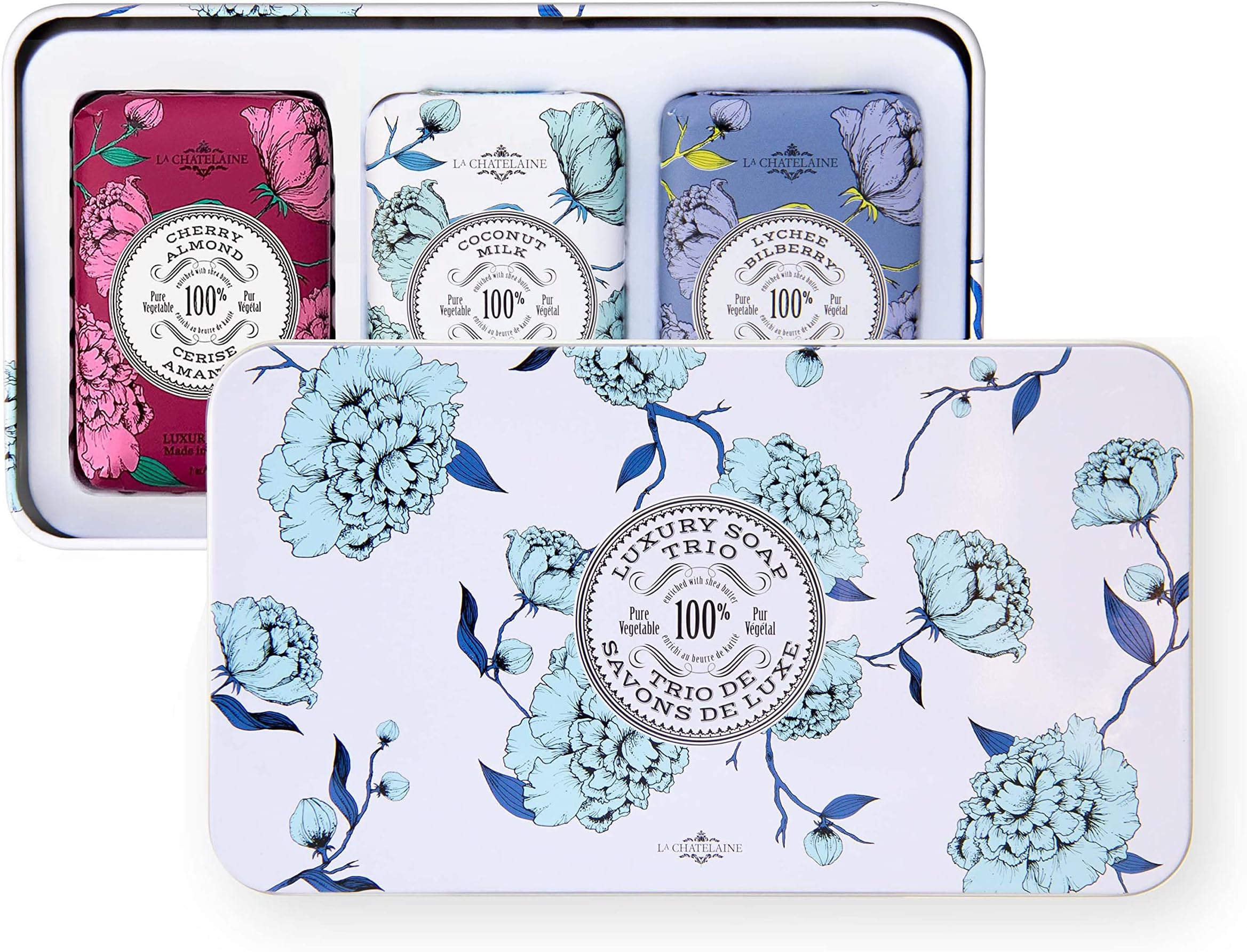 Luxury Bar Soap Trio Gift Set Tin – Winter White | Made in France | Natural and Organic Soap Bars | Shea Butter Formula | 3 x 7 oz / 200g (Cherry Almond, Coconut Milk, Lychee Bilberry)