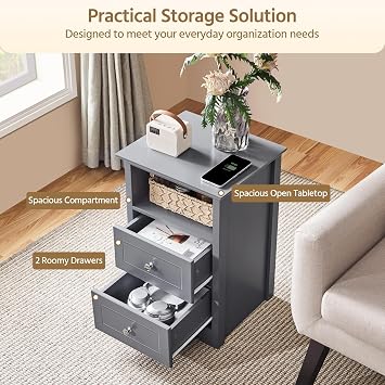 Yaheetech Bedside Tables Set of 2 with 2 Drawers and Open Shelf, Grey