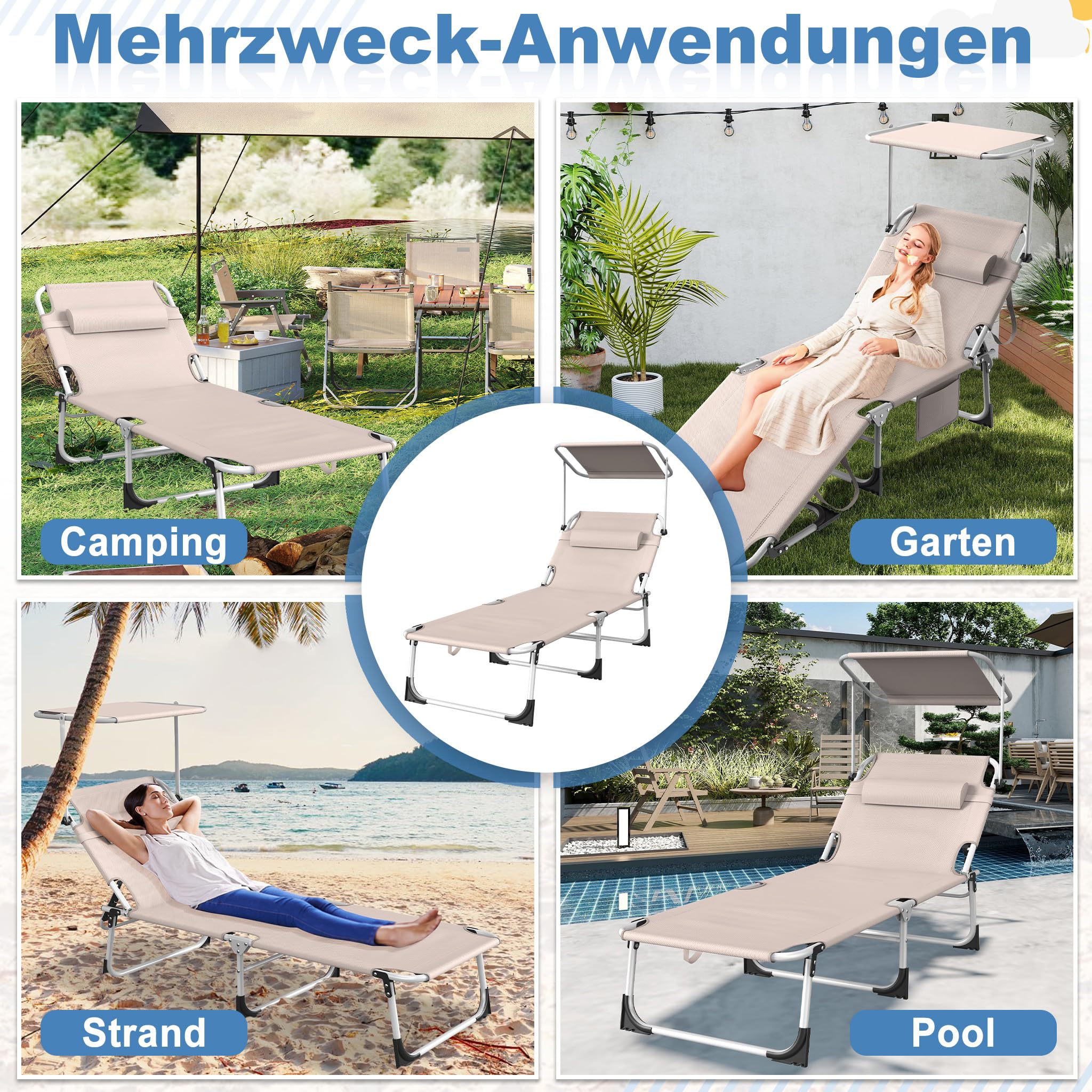 YRHome Leżak ogrodowy z dachem, leżak ogrodowy z poduszką pod głowę, składane oparcie, ochrona przed słońcem do 100 kg, na plażę, kemping, balkon, taras, khaki