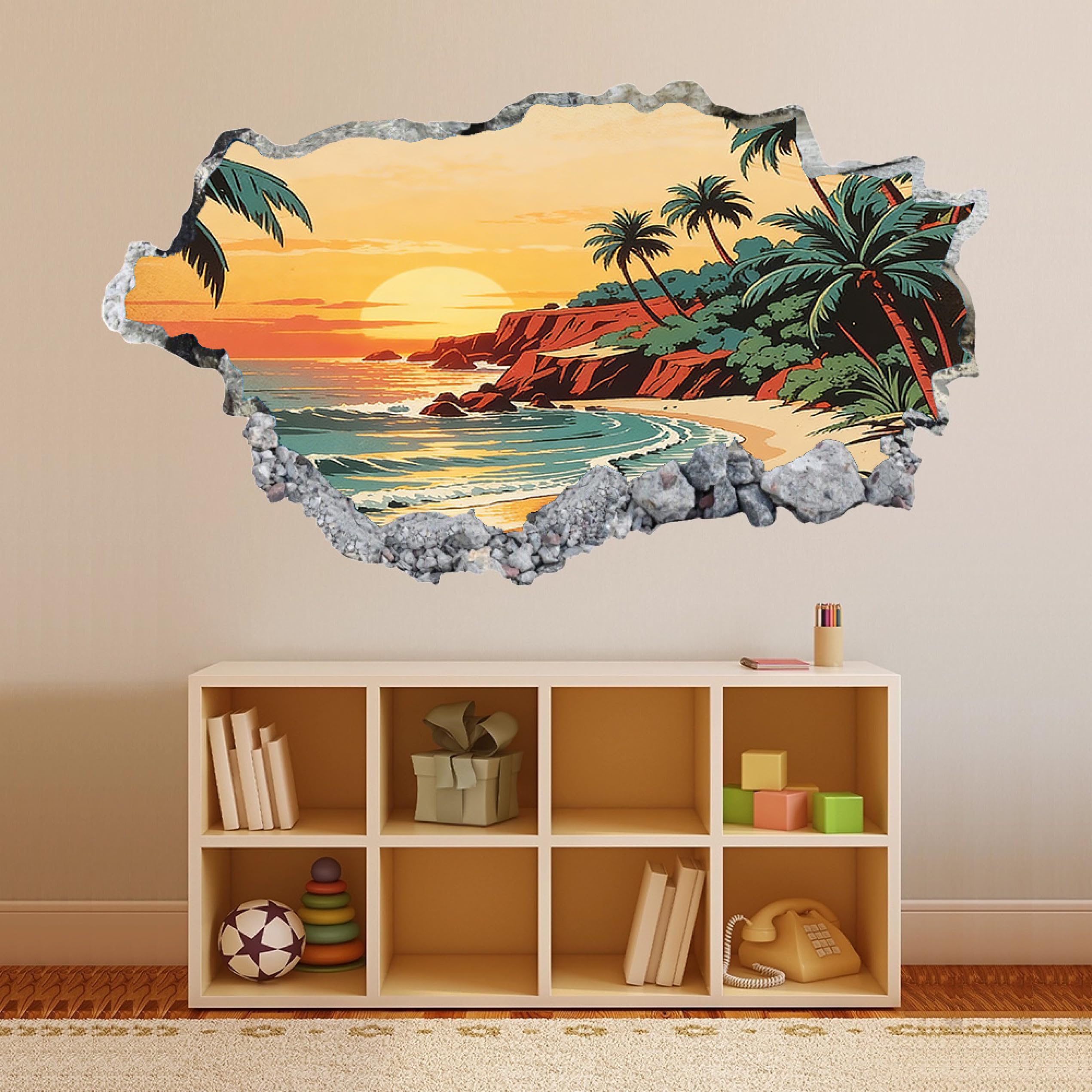 Wandtattoo 3D Wandaufkleber Palmenstrand-Sonnenunterganglandschaft Wandsticker Wanddeko Wandbilder für Wohnzimmer Schlafzimmer Badezimmer Flur Küche Möbel Aufkleber 58x101cm