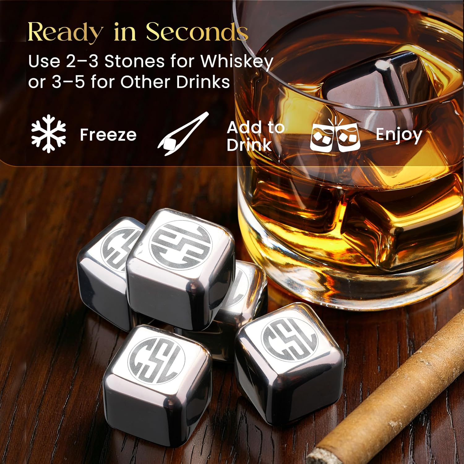 Whiskey Stones Gift Set, 3 Initial Circle Monogram - Wood Box image 5