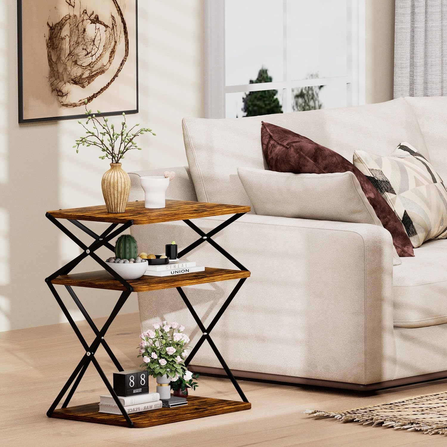 3-Tier End Table Set of 2 Small Side Table Tall Bedside Night Stand with Storage Sofa Side desks for Living Room Bedroom Office Bathroom Small Space Rustic Brown ET-04RB-2