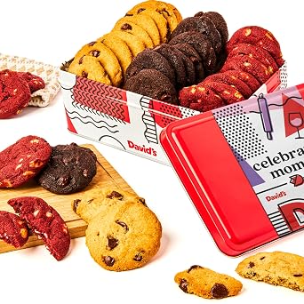 Davids Cookies Mothers Day Mini Cookies Gift Sampler Tin 14oz Fresh Baked Assorted Cookie Bites in Chocolate Chip, White Chocolate Chip & Red Velvet Dessert Gift for Mom, Her, Grandma & More
