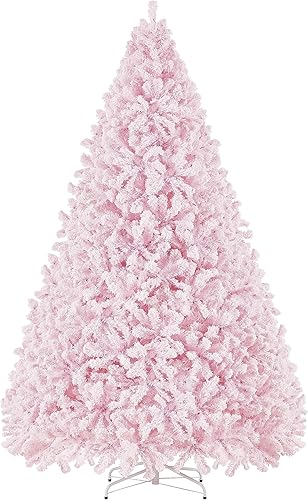 Topeakmart Árbol de Navidad artificial de pino con luces, árbol de Navidad esmerilado para decoración navideña con soporte de hierro, 9 pies, rosa