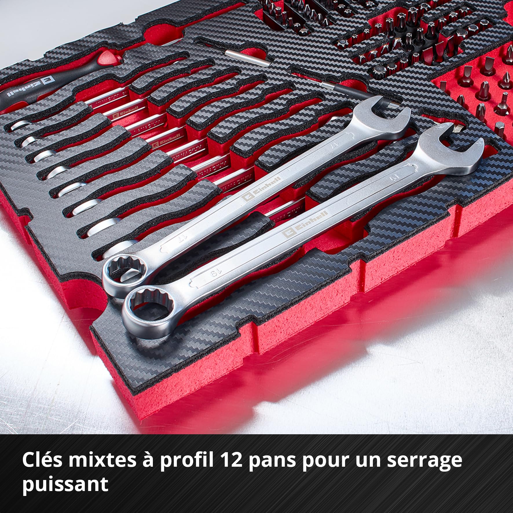 Original Einhell E-Case coffret à outils 201 pièces mécanique (polyvalent, accessoires d’embouts, jeu de douilles, cliquets réversibles, clés mixtes, clés hexagonales, coffret système)