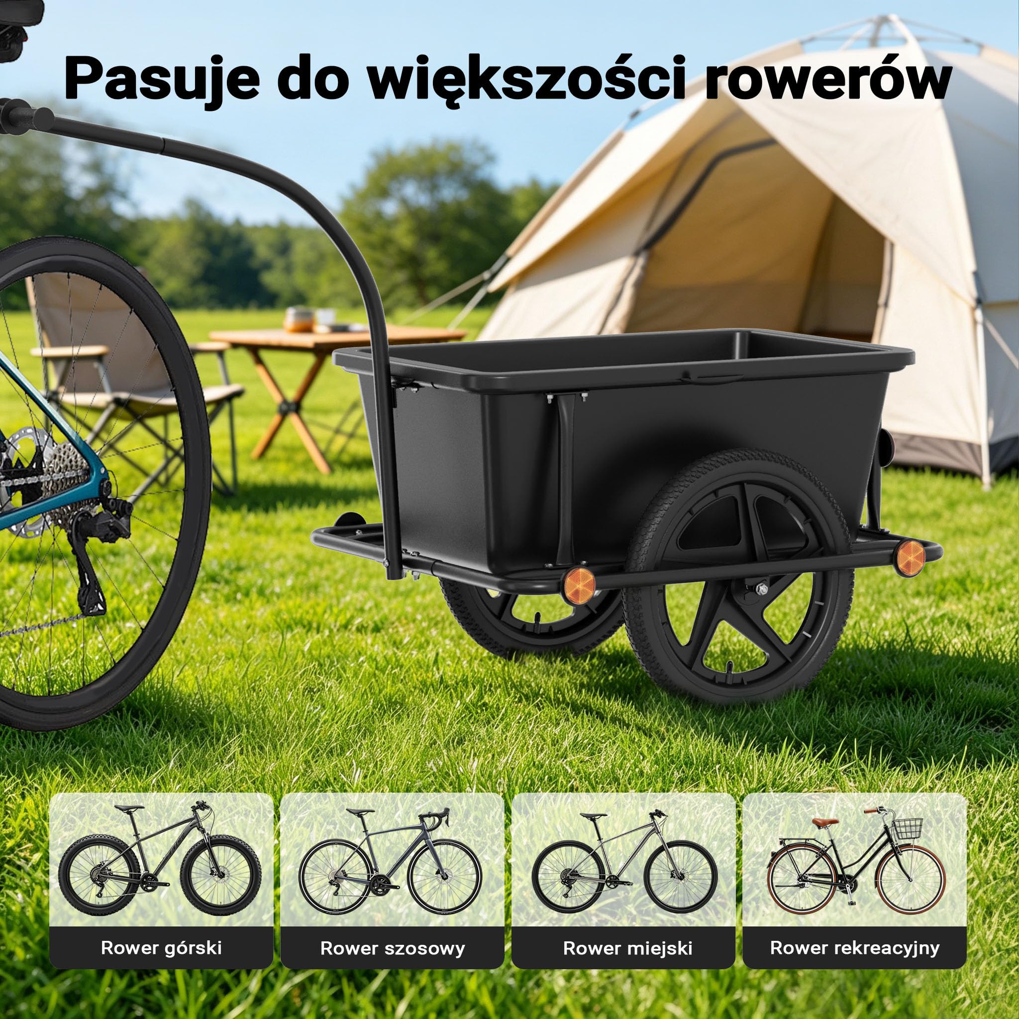 Wiltec Przyczepka transportowa do roweru wózek 90 litrowy 80kg wózek ręczny z dyszlem i zaczepem