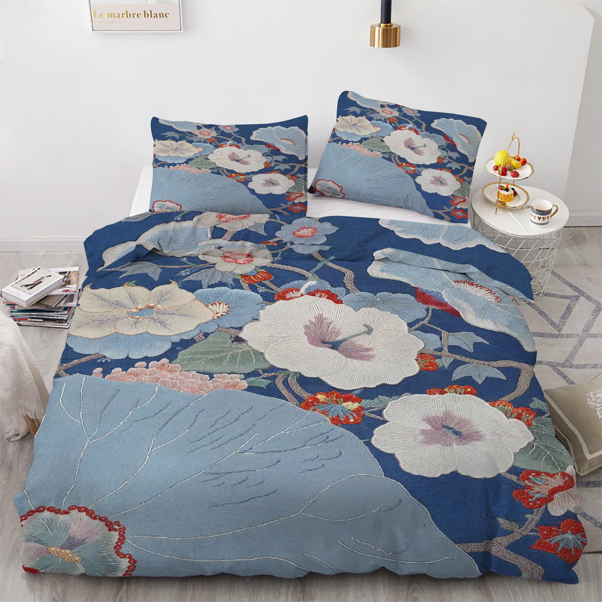 Housse de couette 90x190 et 2 taies d'oreiller en microfibre douce motif floral de literie