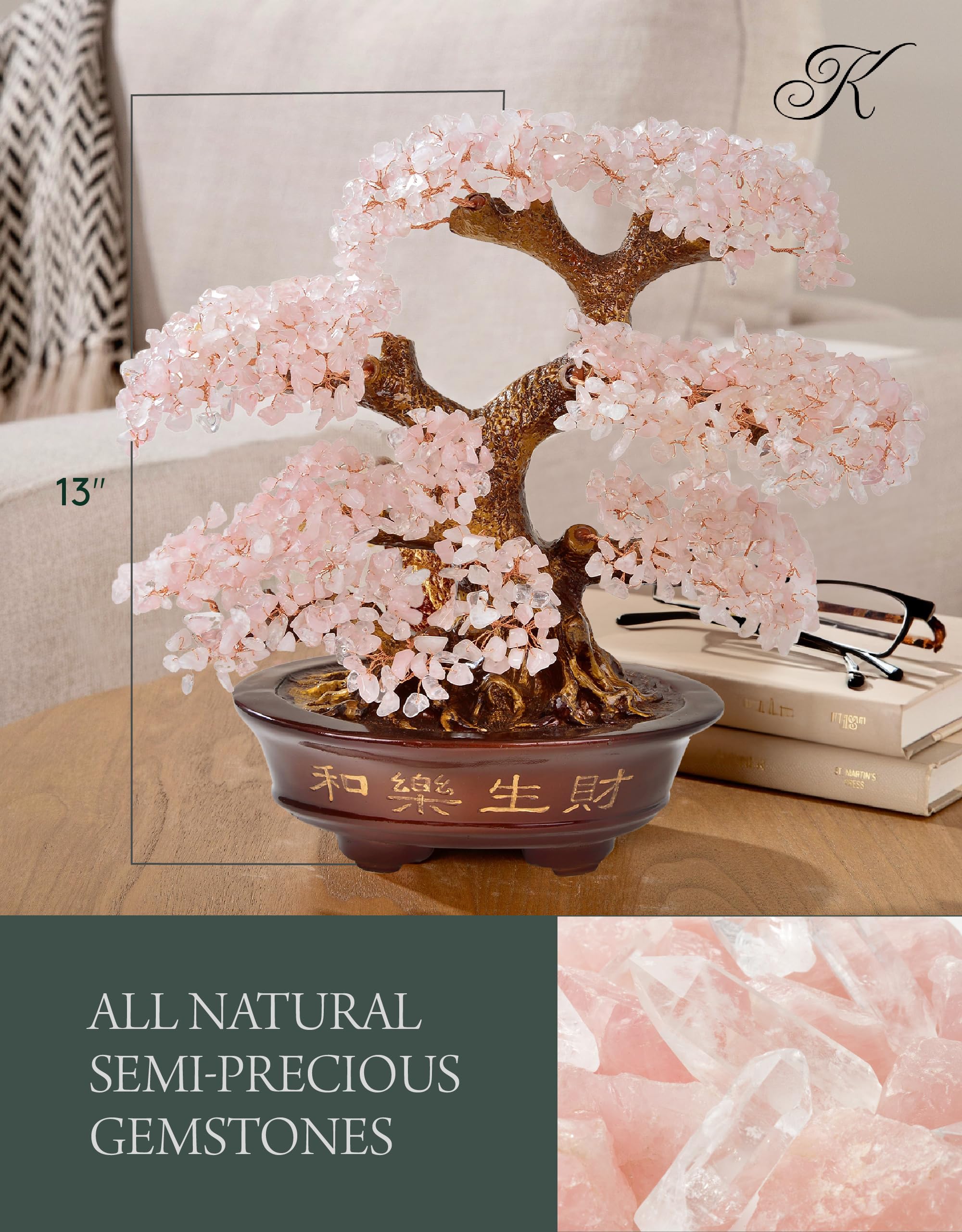 YATHABI Rose Quartz Gemstone Money Tree - 10 Inch Handmade Bonsai, Golden Wire, For Feng Shui, Wealth & Love