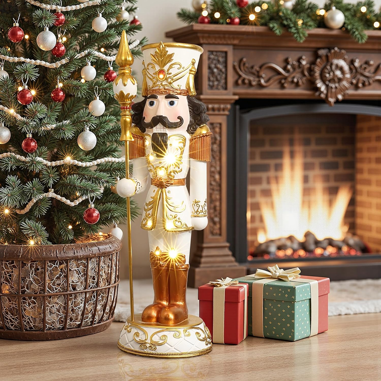 LuxenHome 3FT Tall Nutcracker Christmas Decoration, Lighted Holiday Nutcracker Soldier Statue with Gem Accent and Scepter, Christmas Decorations Indoor, Outdoor Figures for Front Porch, Gold and White