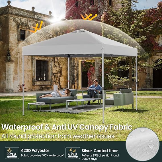 Shades 10x10 Pop Up Canopy with One Push Setup,Heavy Duty Beach Tent with Wheels for Easy Moving, Sun Shelter for Parties,Events, Outdoor Gazebo with 420D Coated Waterproof White Fabric