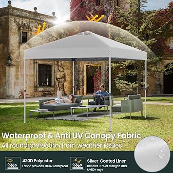 Shades 10x10 Pop Up Canopy with One Push Setup,Heavy Duty Beach Tent with Wheels for Easy Moving, Sun Shelter for Parties,Events, Outdoor Gazebo with 420D Coated Waterproof White Fabric