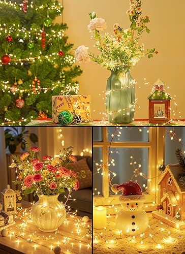 Miniatura 7 de Guirnalda de luces de 10 pies, funciona con pilas, 120 luces LED de petardo, impermeables, alambre plateado, luces de luciérnaga estrellada para