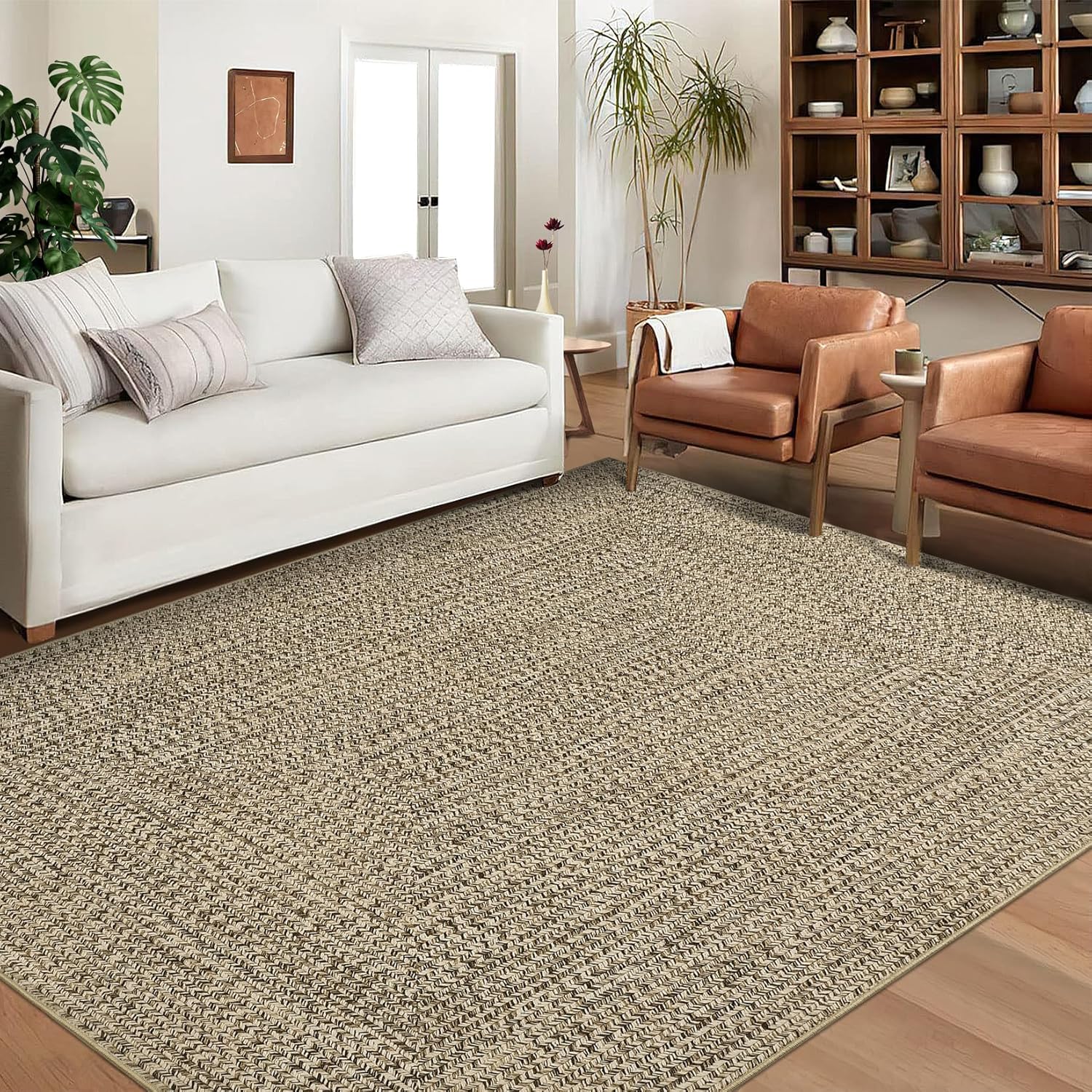 GlowSol Washable Area Rugs 9x12 Rug Modern Solid Braided Large Rug Non-Slip Neutral Rugs for Living Room Low Pile Neutral Rug Rustic Braided Printed Carpets for Farmhouse Bedroom Dining Room Office