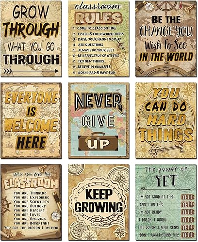 Seajan 9 carteles de tablón de anuncios de Viaje al mapa, cita inspiradora del mundo, decoración de pared, letrero motivacional de estudios sociales