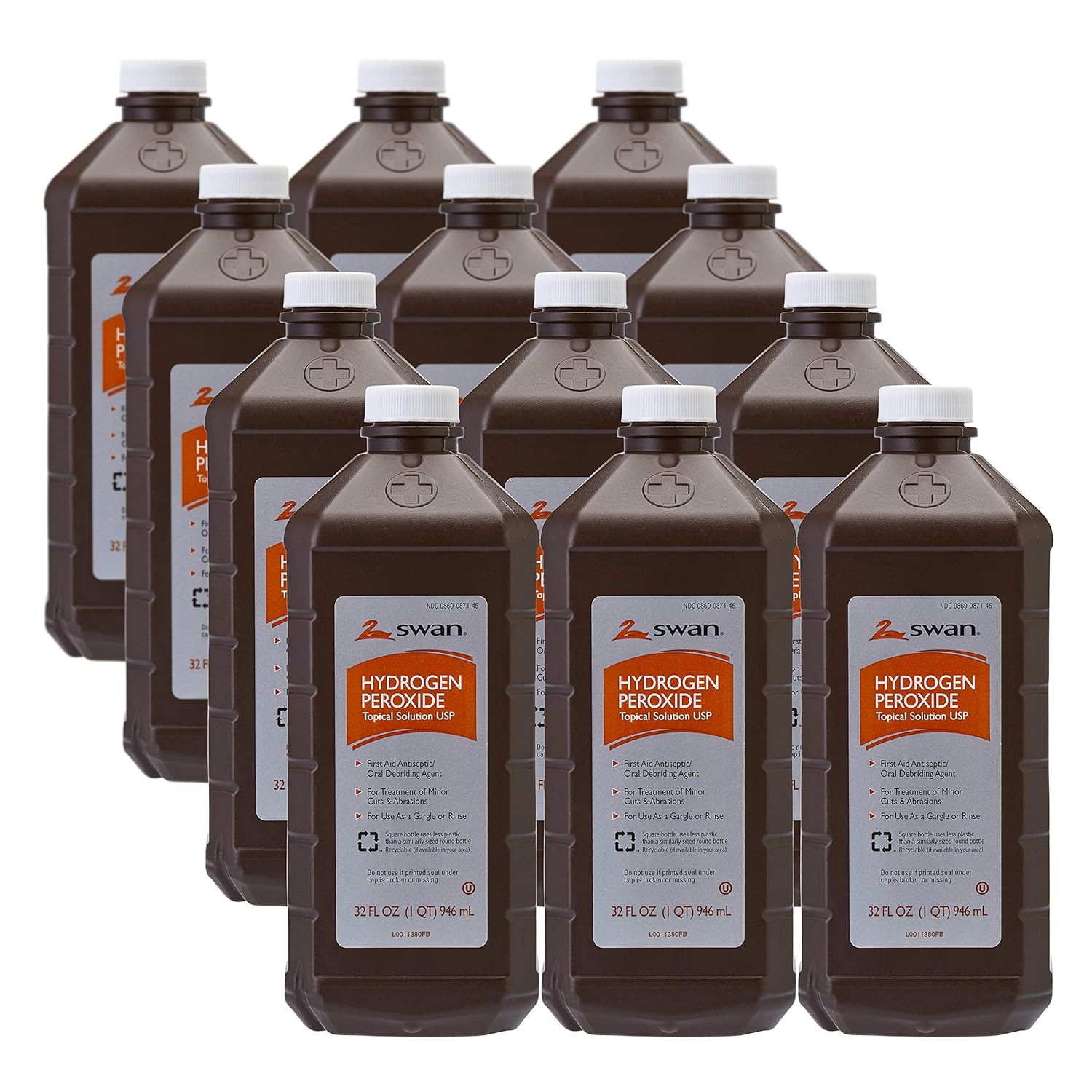 Swan 3% Hydrogen Peroxide First Aid Antiseptic Solution, 32oz Bottles (Pack of 12) - Cuts, Scrapes, Oral Rinse