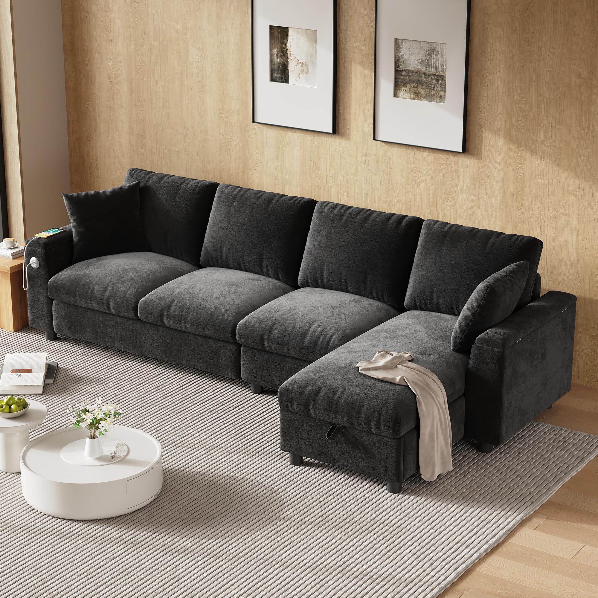 Sofa szenilowa, narożnik w kształcie litery L i dwa podłokietniki z miejscem do przechowywania. Rozkładany stolik kawowy z dwoma uchwytami na napoje, 1 USB i 1 część w kształcie litery C może być