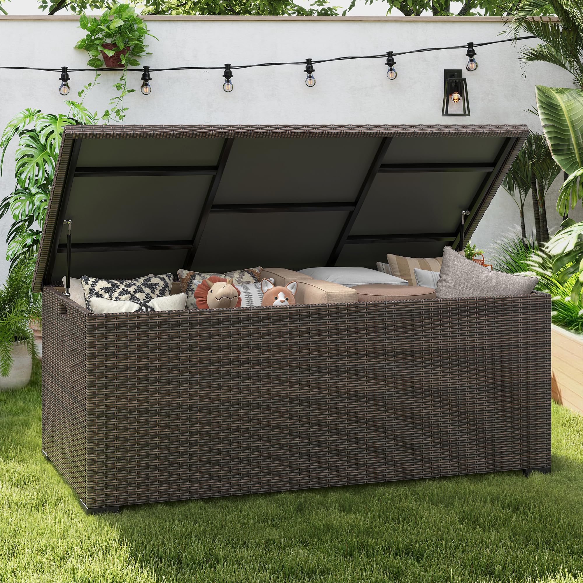 UDPATIO Gartenbox Wasserdicht 870L, Aufbewahrungsbox Garten XXXL, Auflagenbox Wetterfest, Kissenbox Outdoor mit Deckel, Gasdruckfedern, ideal für Garten, Terrasse & Balkon | Braun
