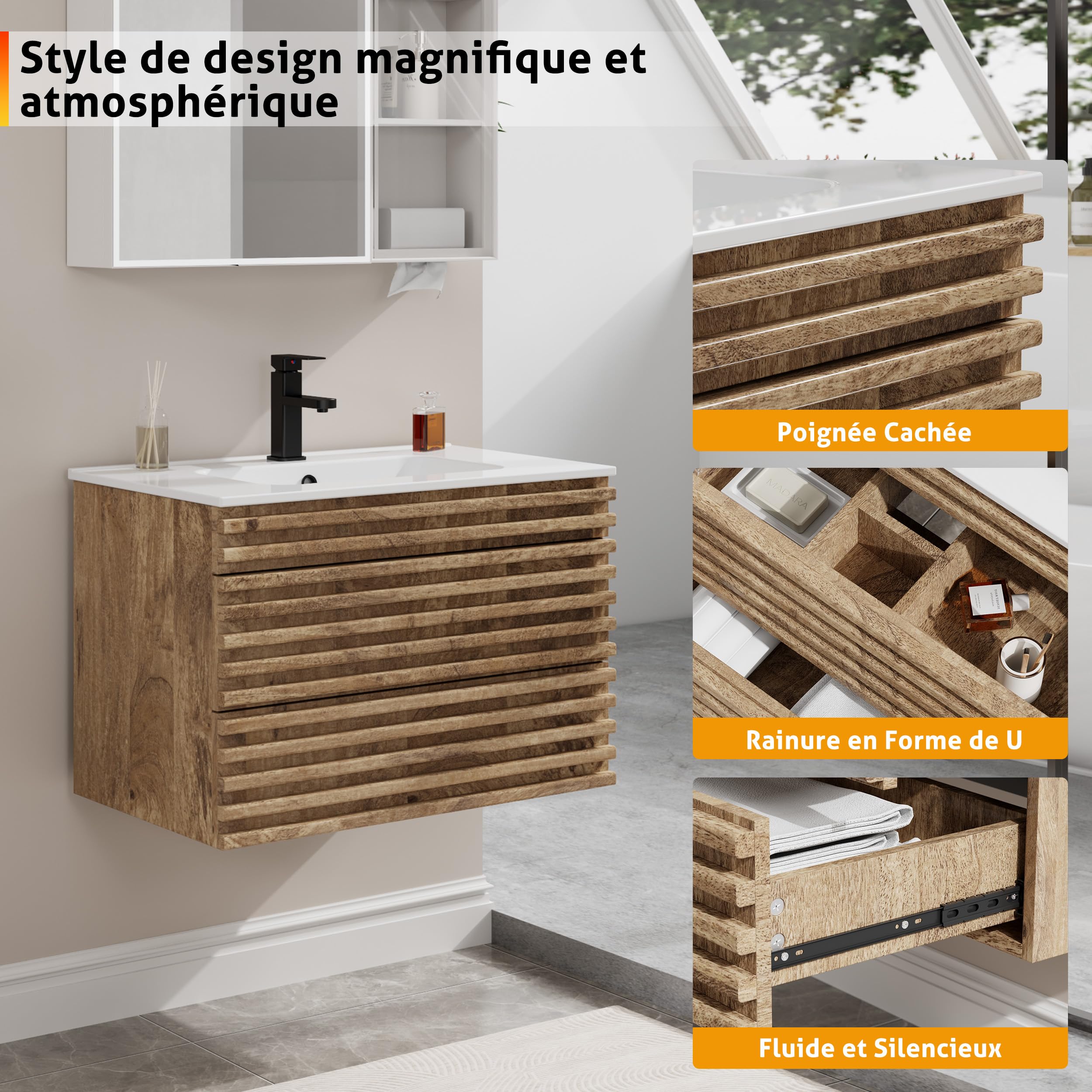 UEV Meuble Salle de Bain, avec Lavabo en Céramique, Lavabo Suspendu 75cm, 2 Tiroirs avec Système de Fermeture en Douceur, Grand Espace de Rangement, 75 x 45 x 46cm, Naturel
