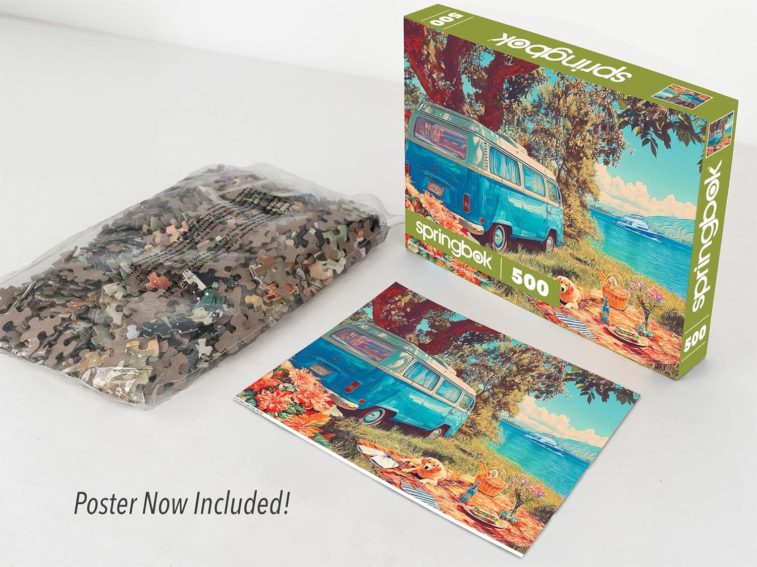 Springbok Lake Day Picnic 500 Piece Jigsaw Puzzle for Adults - Poster Now Included - Camping Puzzle - Unique Cut Pieces - Made in USA