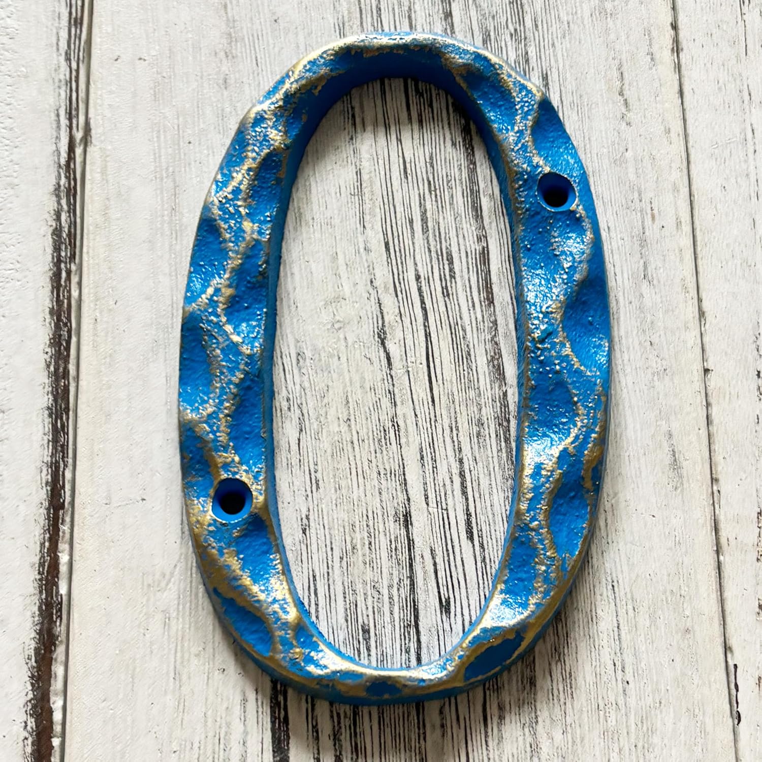 5" High House Numbers - Hammered Surface Cast Iron Home Address or Mailbox Numbers - Easy to Install - Premium Quality Address Plaques/Gold & Blue/Number 0