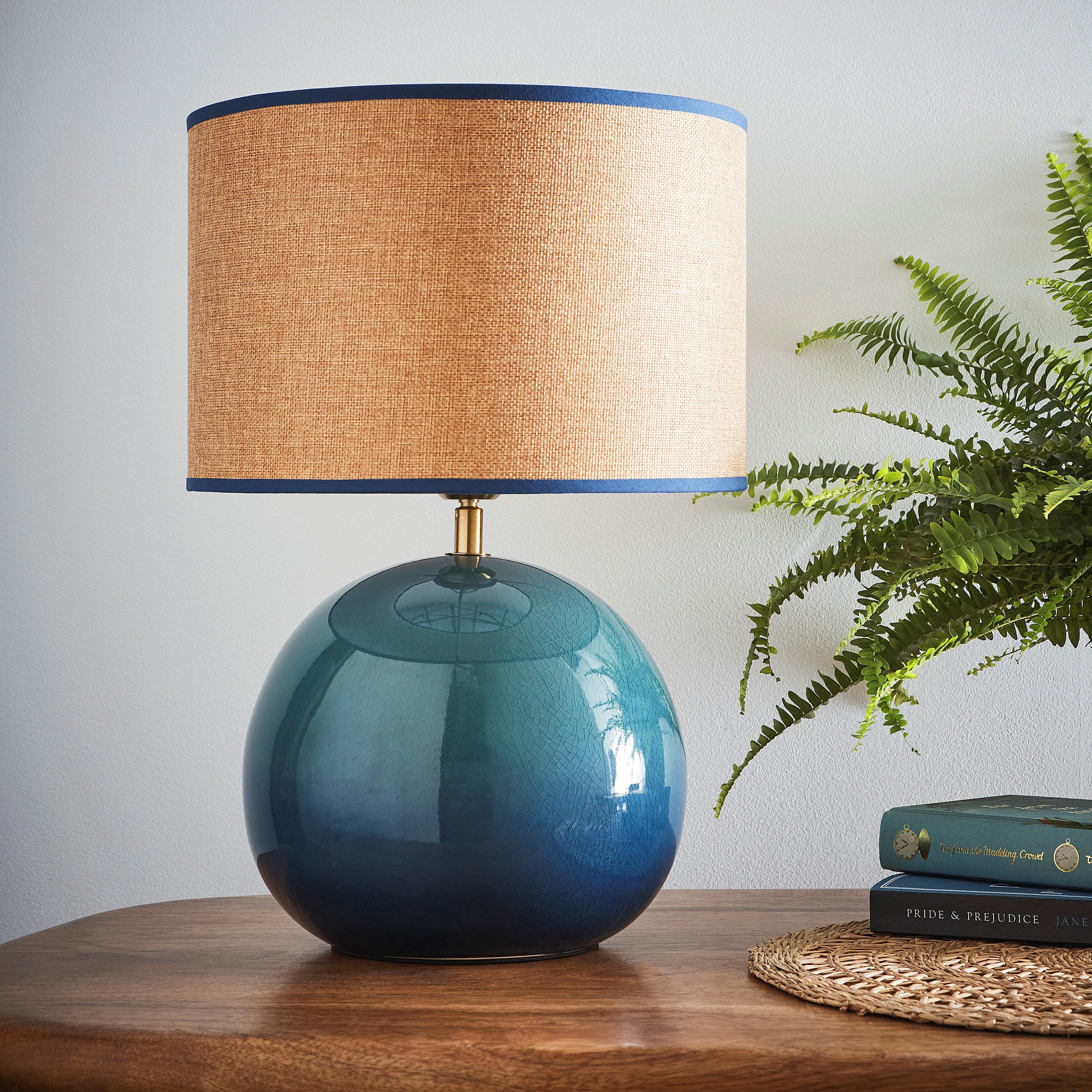 Lata Ceramic Table Lamp – 44cm | Glossy Glazed Base with Textured Fabric Shade – Available in Blue, Green & Red (Blue)