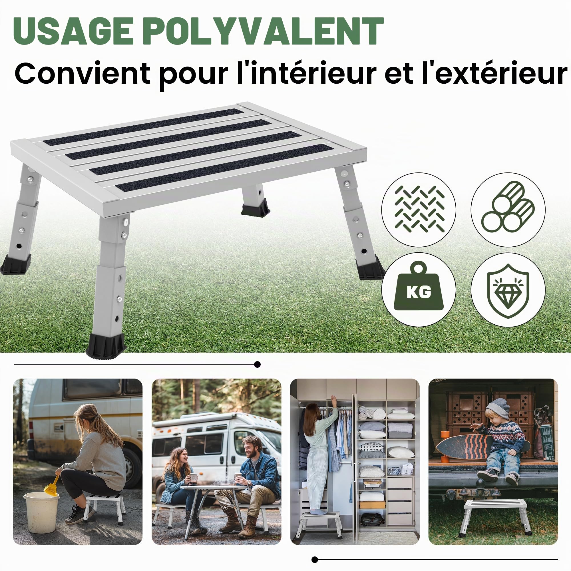 Tabouret pliable réglable pour caravane, camping-car, SUV, en métal résistant, supporte 350 kg, antidérapant et pliable, 3 niveaux de hauteur (18-24 cm), portable, pour camping, personnes âgées