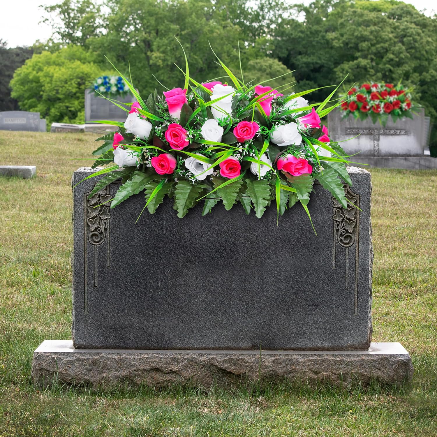 LVXINLI Artificial Cemetery Flower-Outdoor Grave Saddle Headstone Decorations,Pink and White Rose Memorial Day Flowers for gravesite (Pink and White)…
