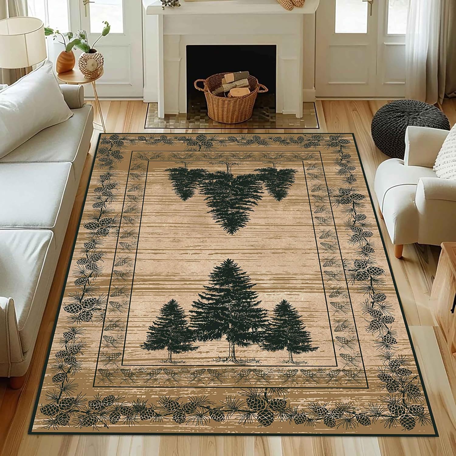 UNREASTO Country Cabin Area Rug 3x5ft Rustic Nature Forest Pine Cone Pine Tree Plant Vintage Home Decor Floor Rug Non-Slip Easy Clean Lodge Rug for Living Room Bedroom Entry Office Hardwood Floor