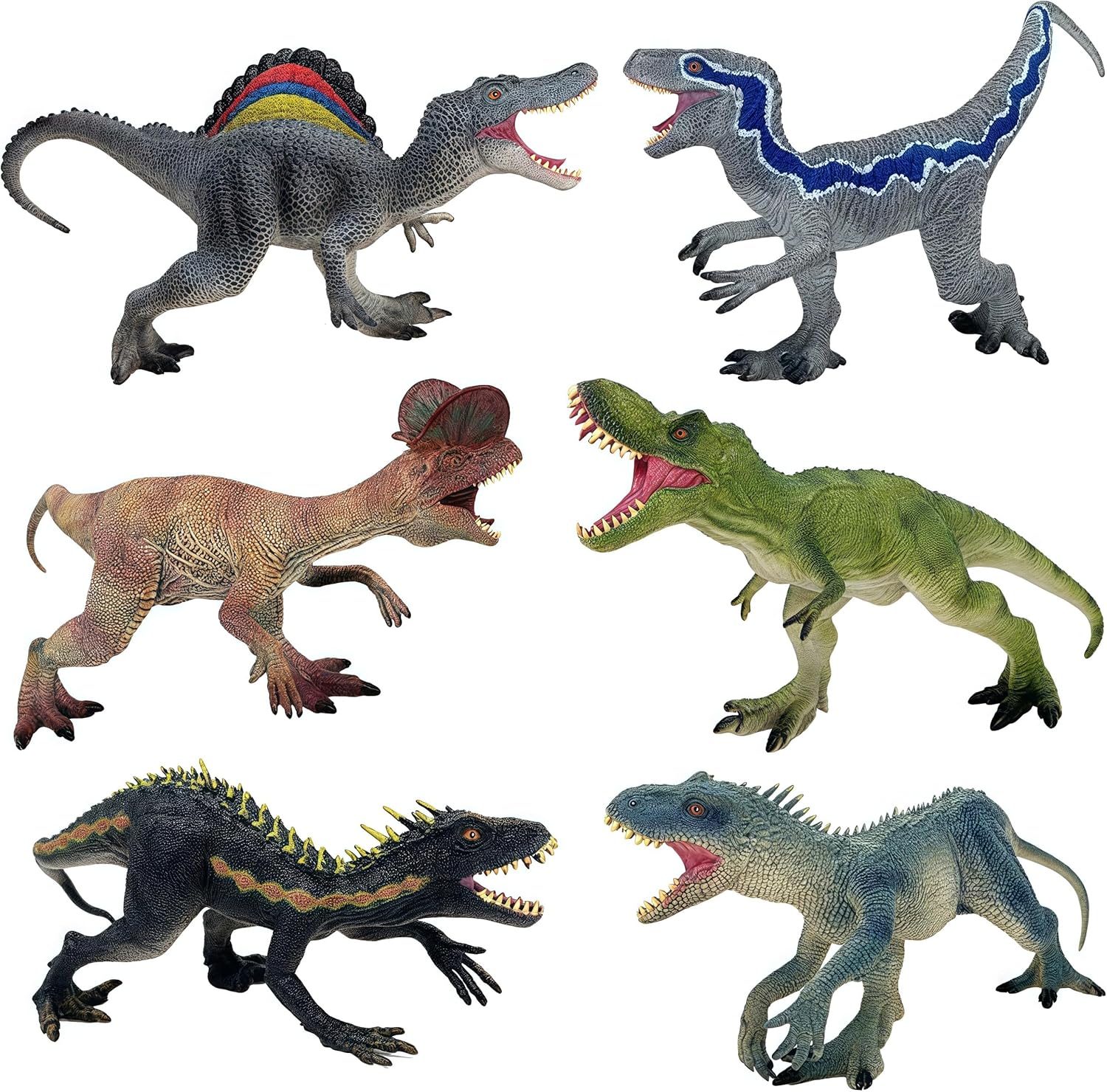 Dinosaur Toys for Kids, 6Pcs T-Rex Spinosaurus Velociraptor Dilophosaurus D-rex and Indoraptor with Roar Strikers and Stinding Poses Dino Toy Gifts, Great Play or Display Dinosaur Toys for Toddlers