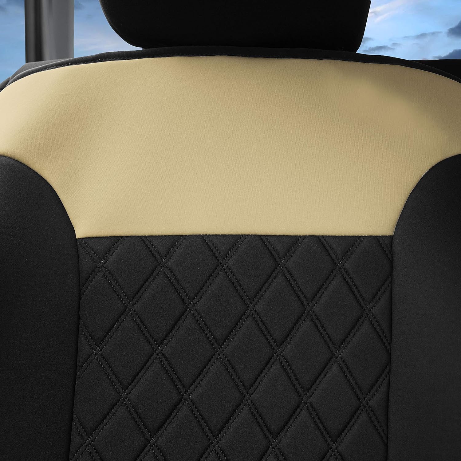 FH Group Car Seat Cover Cushion - 2 Pack Seat Covers for Cars Trucks SUV, Beige Black Neosupreme Car Seat Cushions, Car Seat Cover Cushion, Universal Fit Car Seat Protector