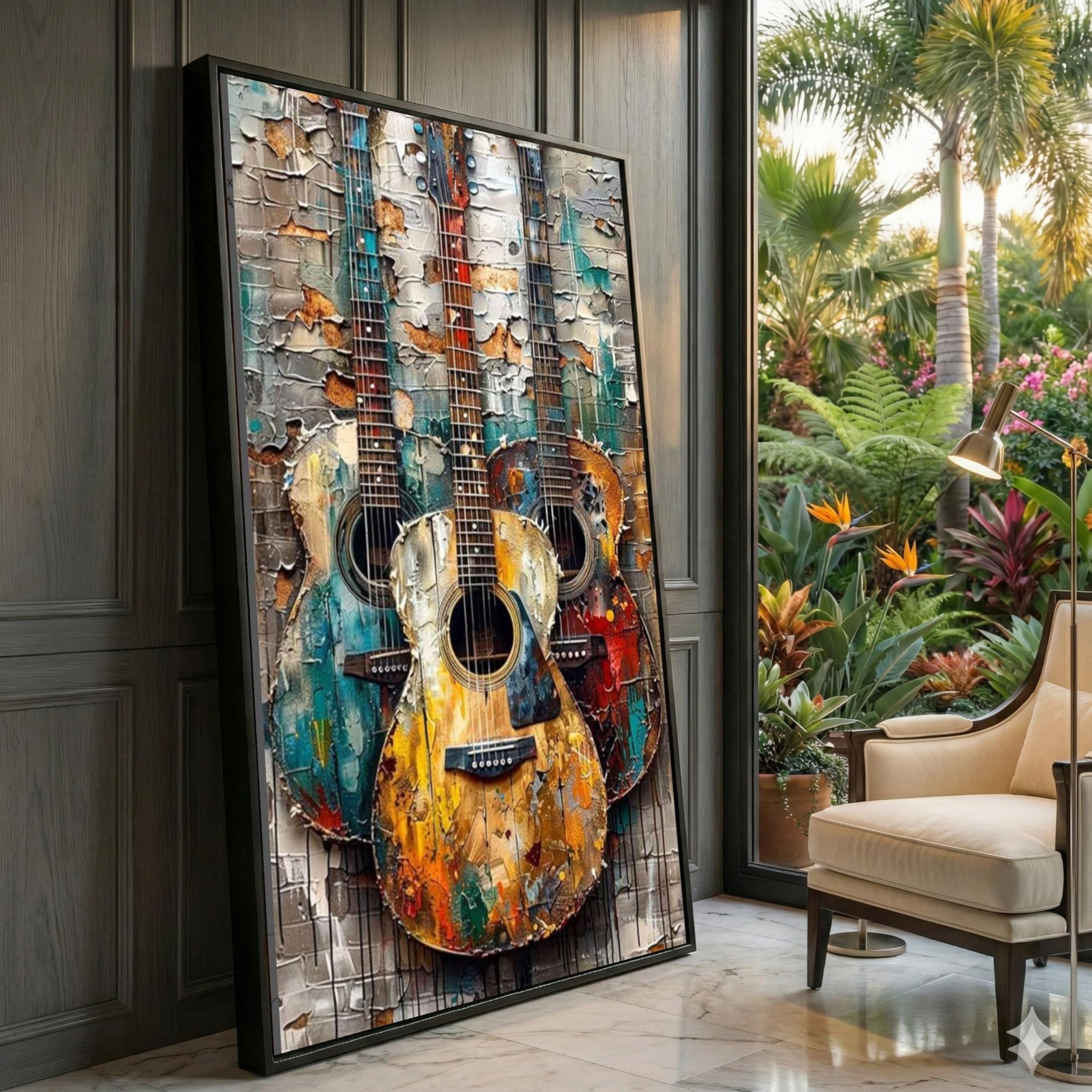 XINBAO Quadro su tela con chitarre vintage, dipinto astratto di strumenti musicali, decorazione rustica, opera d'arte a tema rock (55x100 cm/cornice interna)