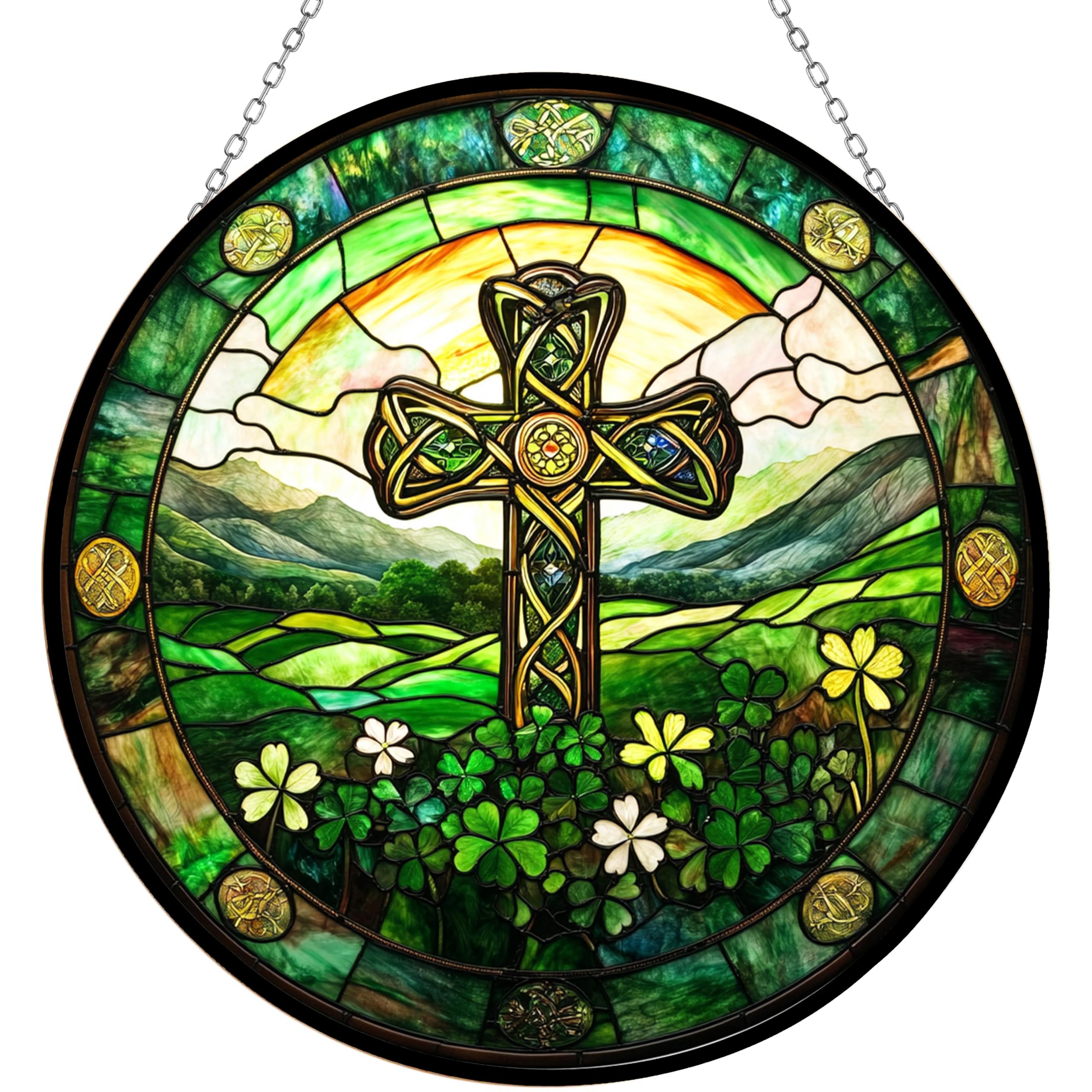 365CUSGIFTS Customized Irish Cross Stained Glass Window Hanging Sun Catcher Halloween Haning Ornament Decoration Christmas Birthday Gifts for Lover and Friends